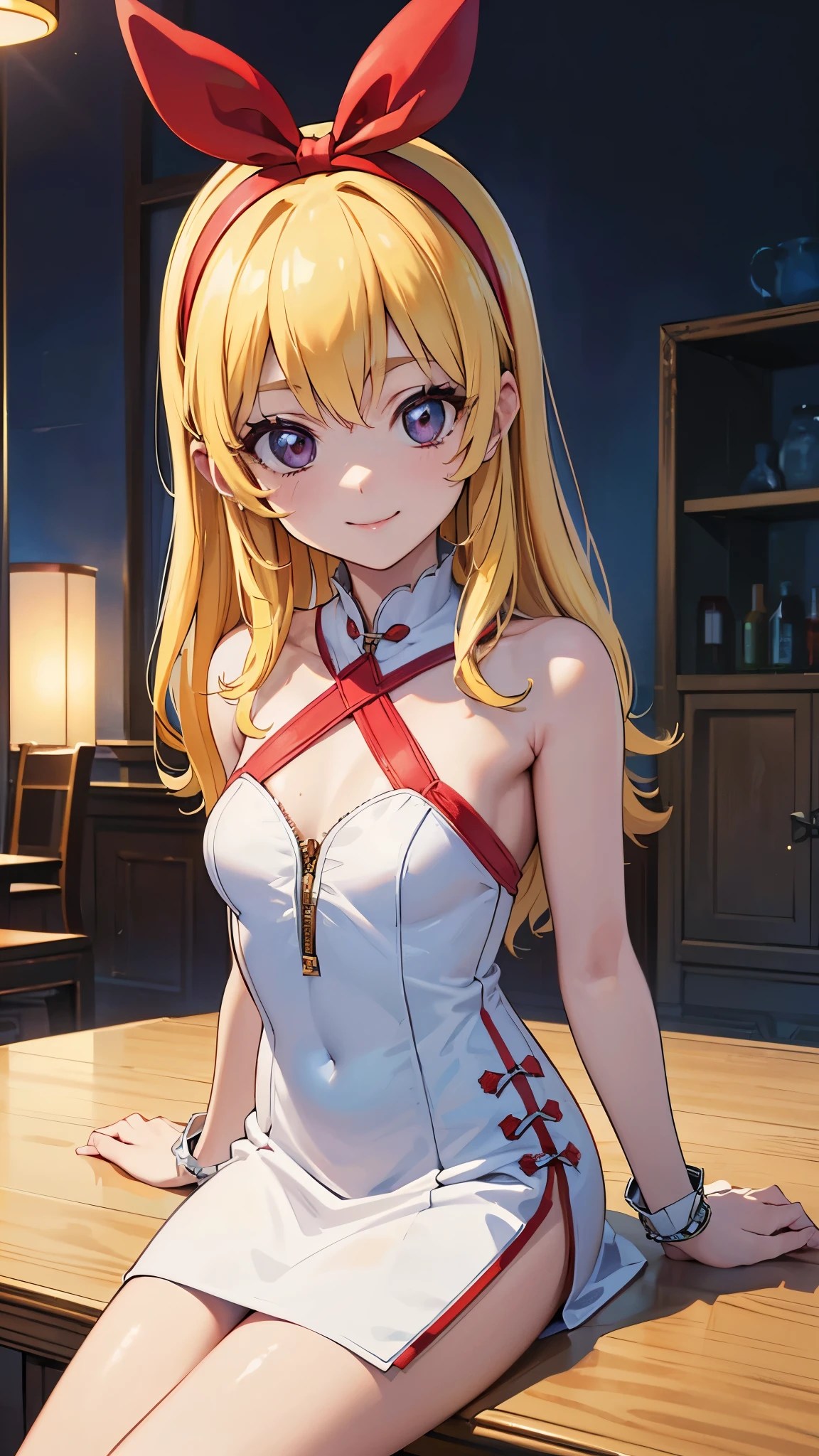 (RED Ribbon on HAIRband:1.2),(masterpiece, best quality, highly detailed, ultra detailed, high resolution, absurdres, 4K, 8K:1.2), (official art, incredibly fine illustration, extremely detailed CG, detailed background, cinematic lighting, dynamic angle, perfect hands, detailed shiny skin, detailed hair, detailed eyes)(extremely awesome detailed pretty  face,beauty face)(extremely detailed)(Three-dimensional depiction)
BREAK, ((16K photo, SwinIR_4x, absurdres, hires, ultra detailed)), at BAR counter, (((beautiful and cute smile, very drooping eyes,Blonde hair))), reflecting her mature elegance perfect body, sexual_coquettish posing, ((White china dress)), BREAK, high heels, gutter belt, leather-gauntlet, _naked -1 4, Flat drawing -1 55, (((Ultra-intricate detailed pop manga face))),(Background night street)