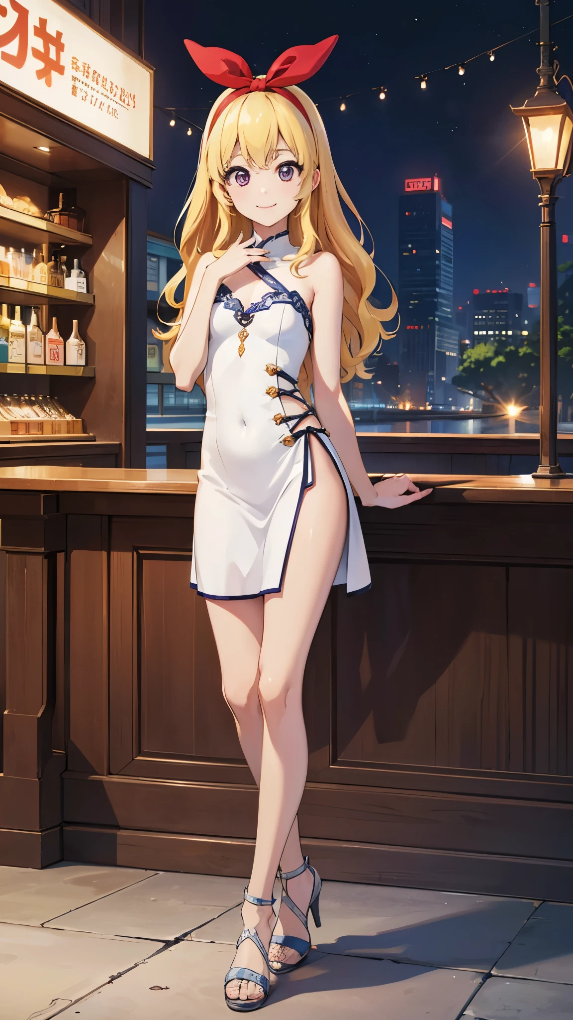 (RED Ribbon on HAIRband:1.2),(masterpiece, best quality, highly detailed, ultra detailed, high resolution, absurdres, 4K, 8K:1.2), (official art, incredibly fine illustration, extremely detailed CG, detailed background, cinematic lighting, dynamic angle, perfect hands, detailed shiny skin, detailed hair, detailed eyes)(extremely awesome detailed pretty face,beauty face)(extremely detailed)(Three-dimensional depiction)
BREAK, ((16K photo, SwinIR_4x, absurdres, hires, ultra detailed)), at BAR counter, (((beautiful and cute smile, very drooping eyes,Blonde hair))), reflecting her mature elegance perfect body, sexual_coquettish posing, ((White china dress)), BREAK, high heels, gutter belt, leather-gauntlet, _naked -1 4, Flat drawing -1 55, (((Ultra-intricate detailed pop manga face))),(Background night street)
