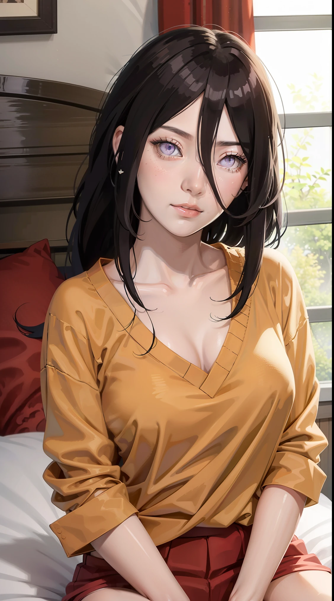 hyuuga hanabi, long hair tied low, hair band, hana, purple eyes, beautiful, beautiful woman, hair between eye, perfect body, perfect breasts, wearing a big orange shirt, red panties, in bed, bedroom, bed, sitting on the bed sleeping, looking at the viewer, slightly smiling, realism, masterpiece, textured skin, super detail, high detail, high quality, best quality, 1080p, 16k