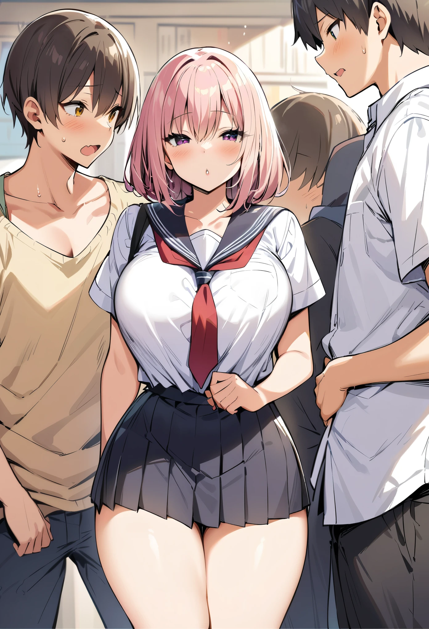 (best quality:1.2),ultra-detailed,highres,masterpiece,1girl , 1boy,male ,huge tit，blush, medium breasts,JK ,school uniforms
