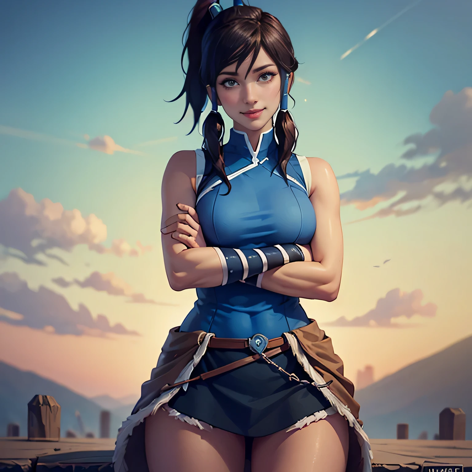 (masterpiece, best quality:1.2), cowboy shot, solo, 1girl, korra, dark skin, dark-skinned female, smile, looking at viewer, crossed arms, ponytail, hair tubes, sleeveless, bare shoulders, (nsfw)