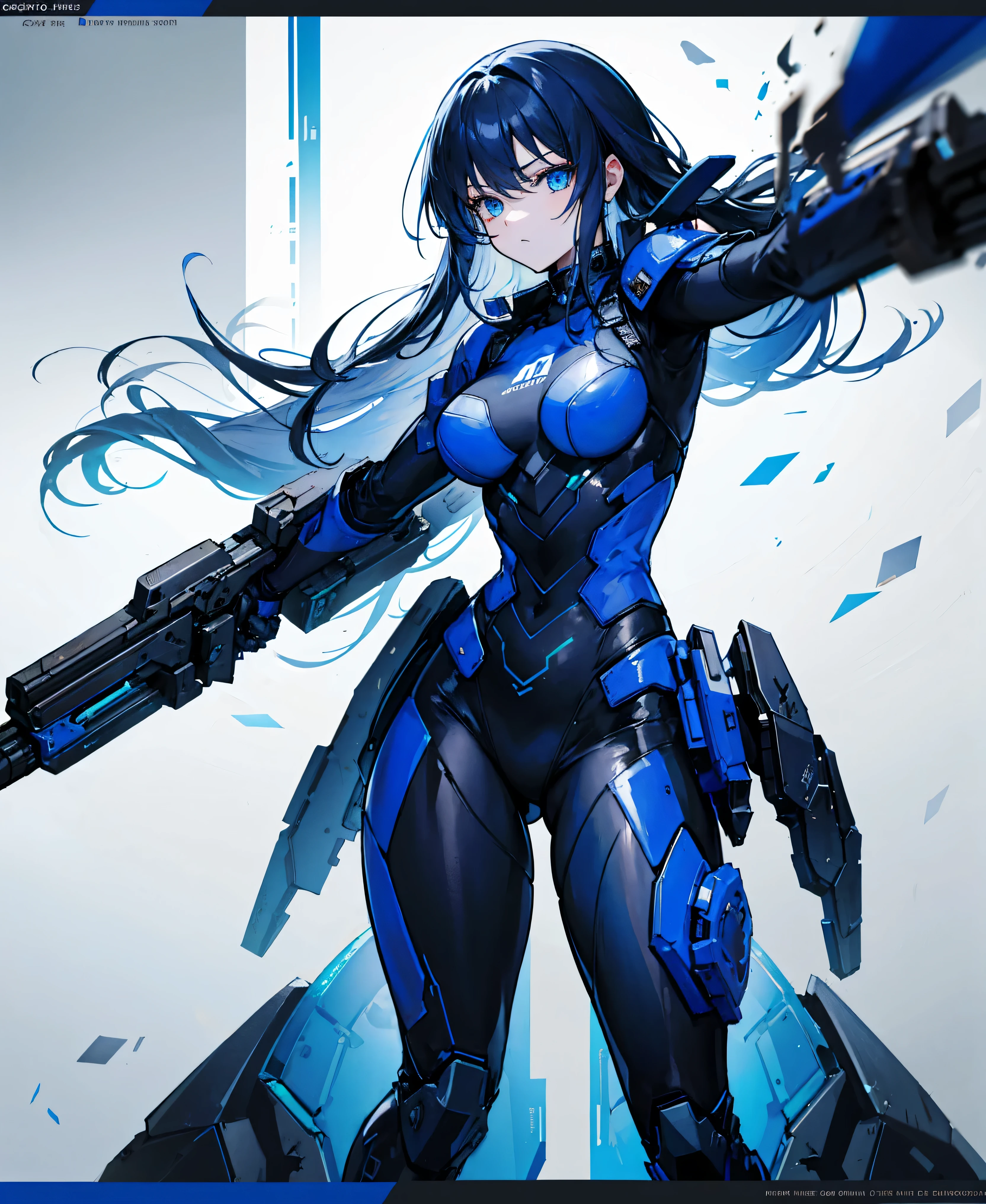 no background,girl,carry a firearm,Enamel style tight suit,use of firearms,dark blue long hair,attention arousal,blue colored eyes,no gradation
