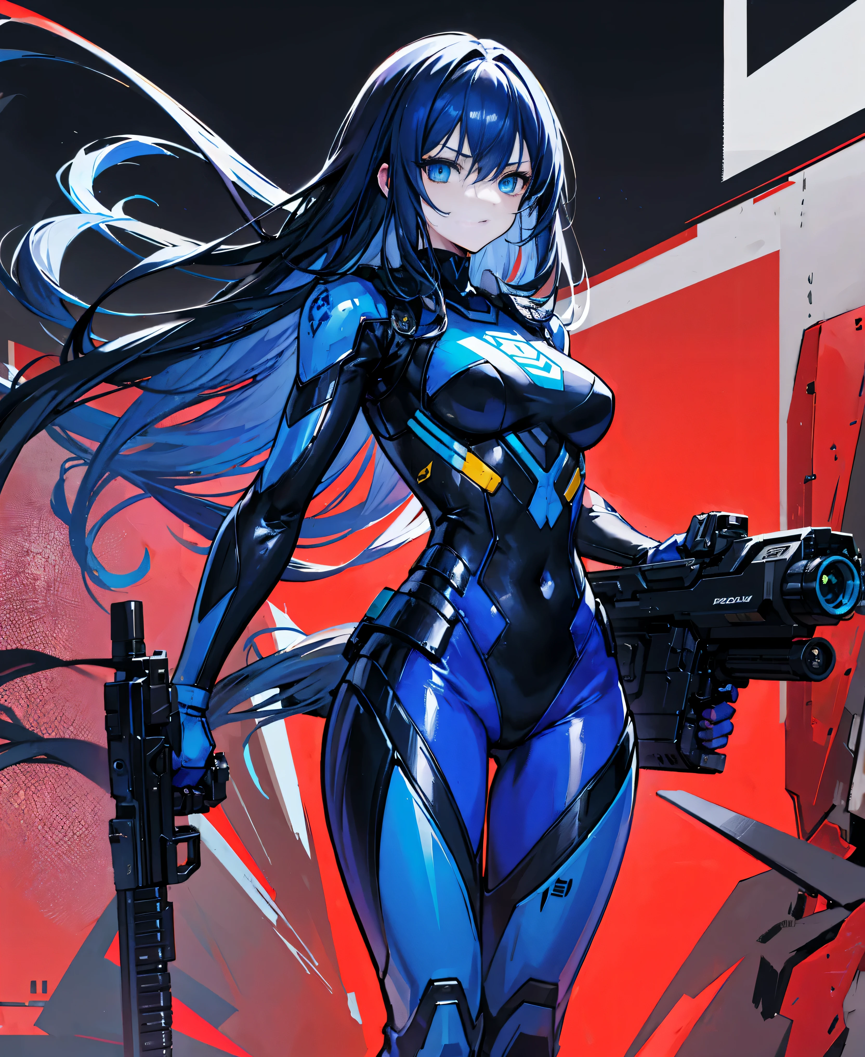 no background,girl,carry a firearm,Enamel style tight suit,use of firearms,dark blue long hair,attention arousal,blue colored eyes,no gradation