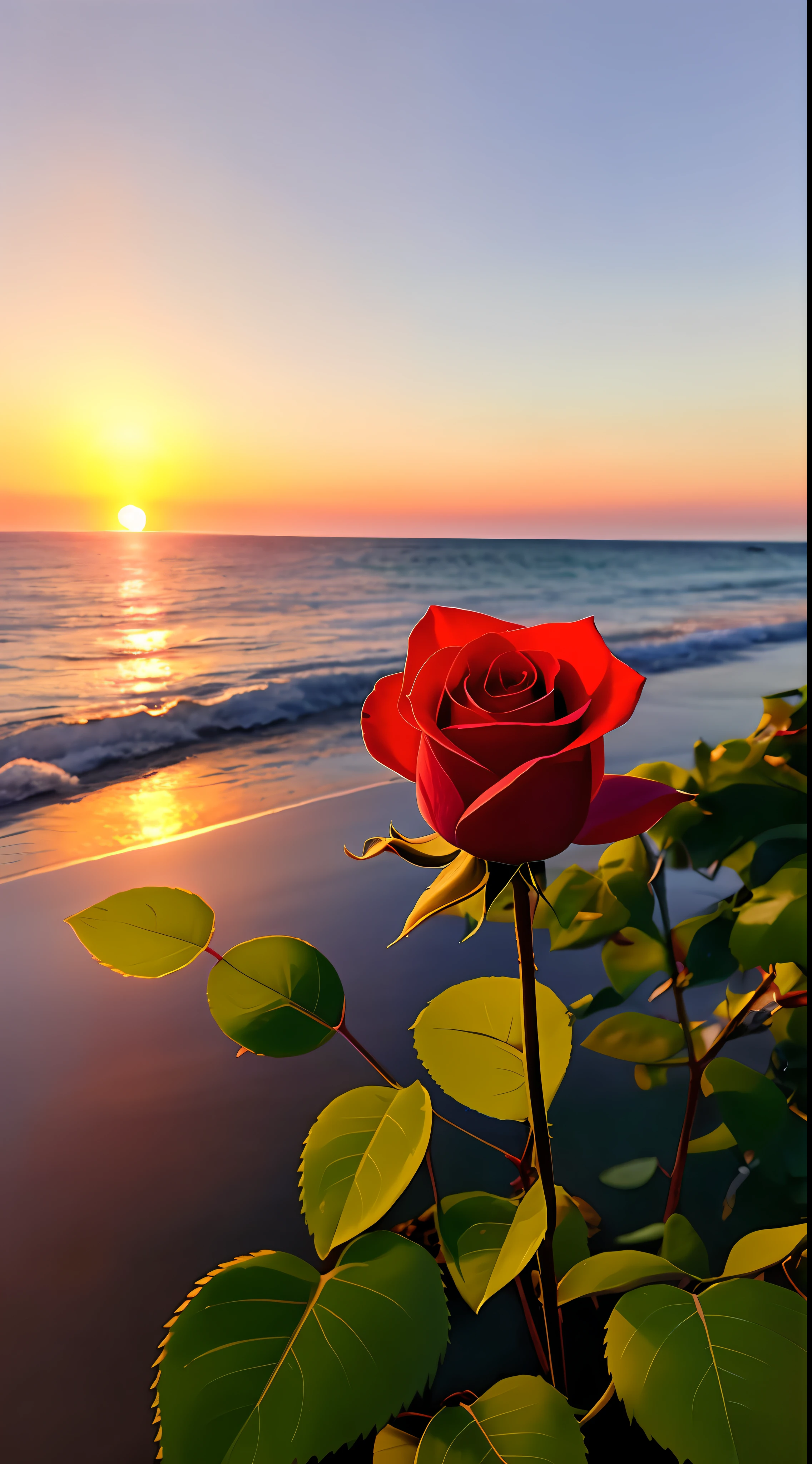 Close-up shot, a rose flower, the background is the gorgeous sunset by the sea, real texture, warm
