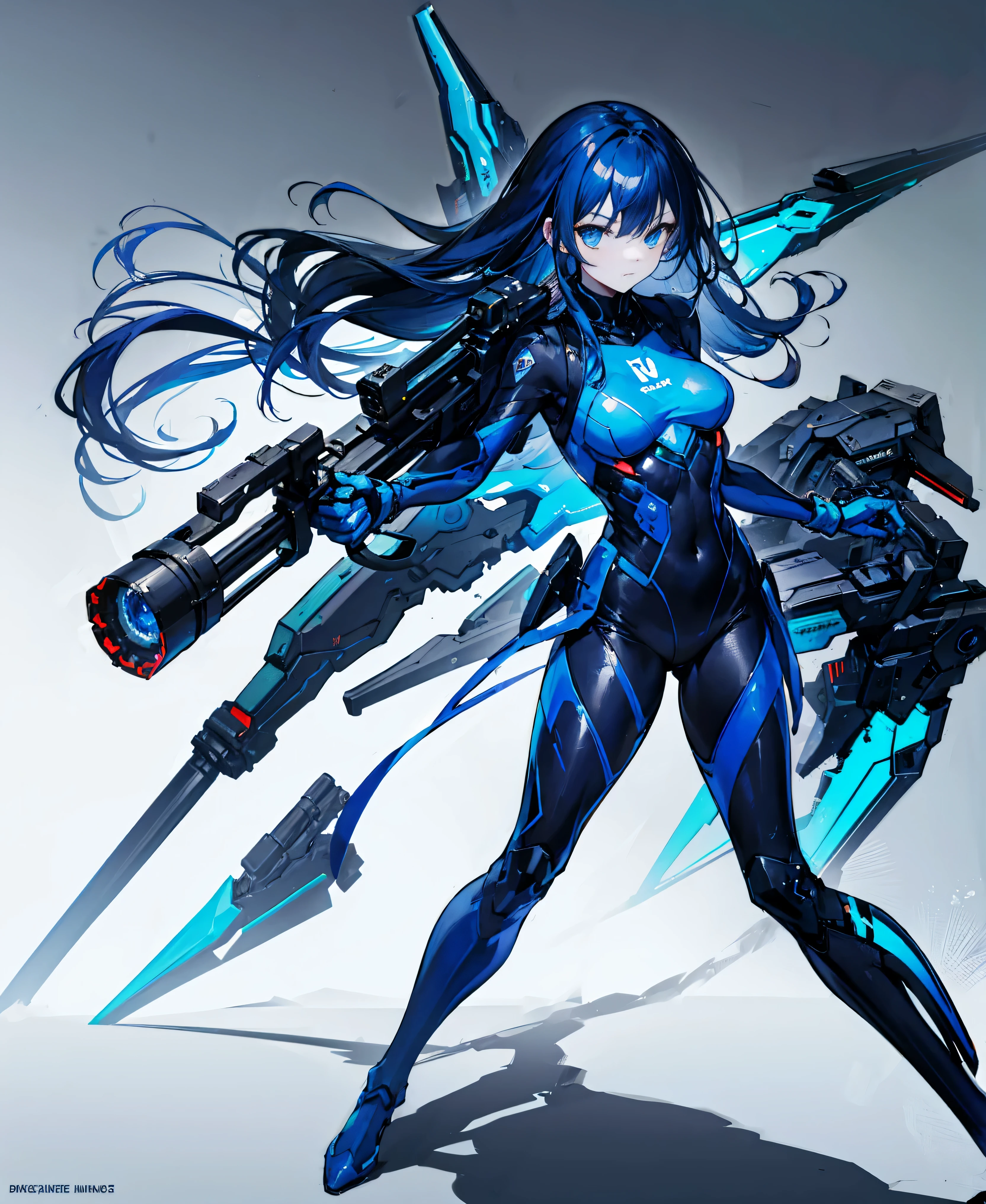 no background,girl,carry a firearm,Enamel style tight suit,use of firearms,dark blue long hair,attention arousal,blue colored eyes,no gradation