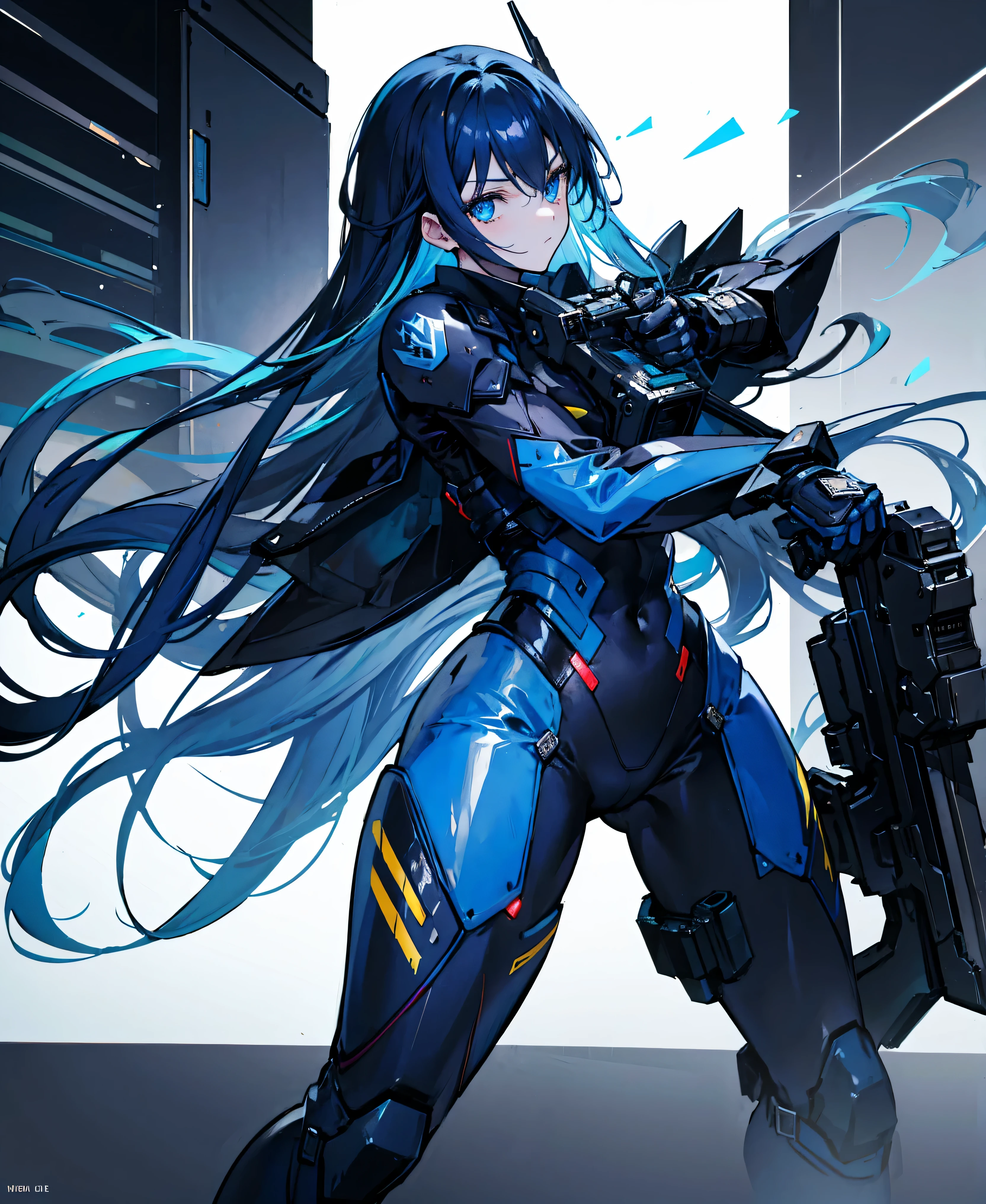 no background,girl,carry a firearm,Enamel style tight suit,use of firearms,dark blue long hair,attention arousal,blue colored eyes,no gradation