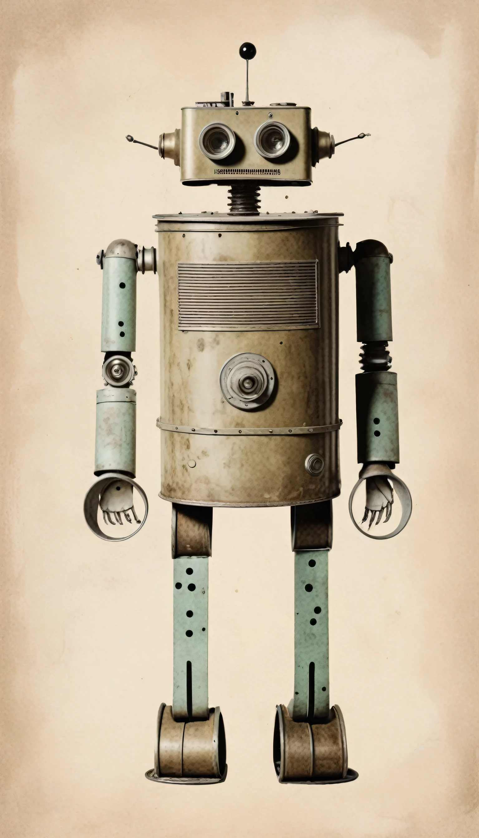 (Tin can robot art project:0.6) that resembles a (Anthotype print:1.4), Natural, Organic, Earthy, Botanical, Rustic, Vintage, Handmade, Textured, Soft, Delicate, Subtle, Muted, Pastel, Faded, and Aged
