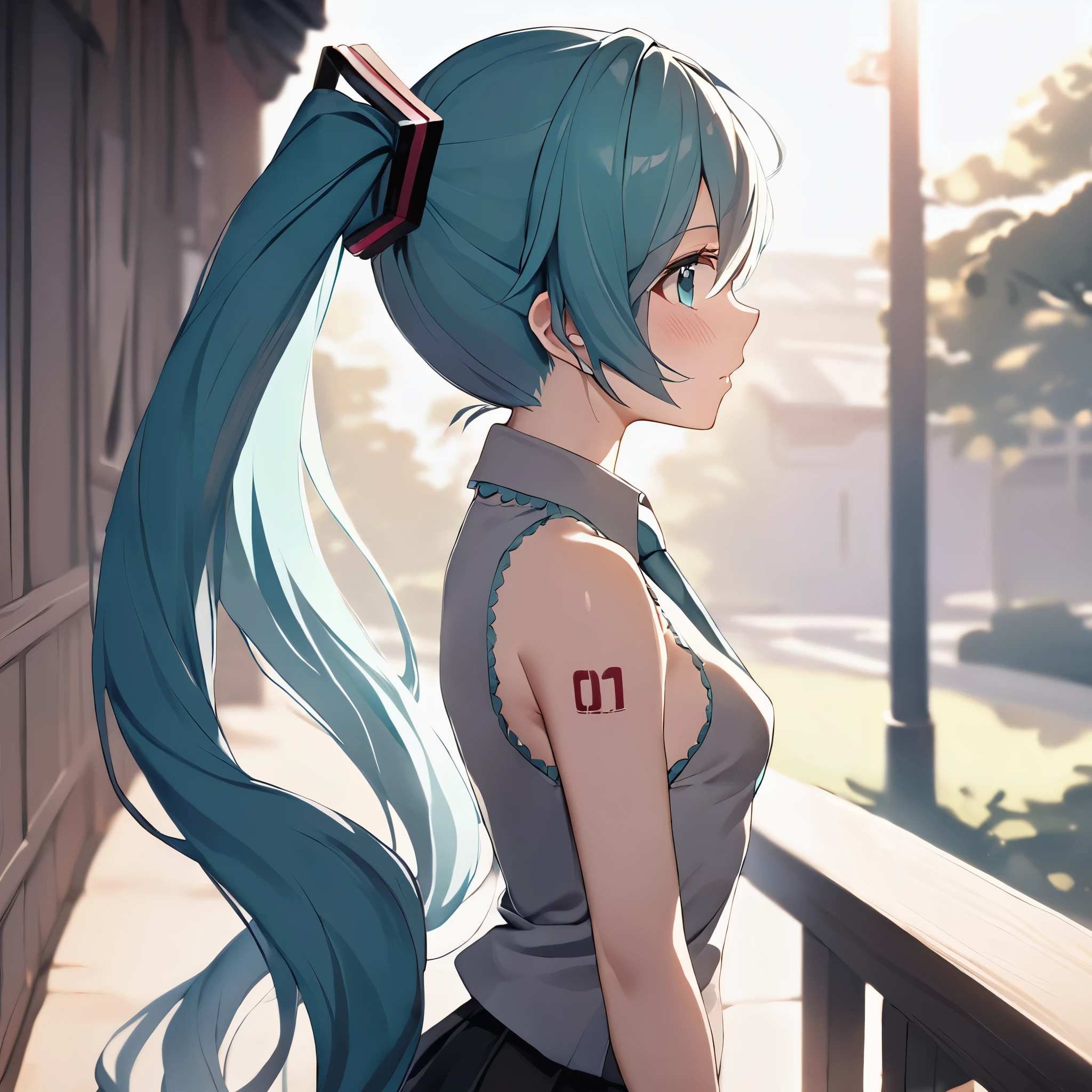 masterpiece, highest quality,1 girl,Hatsune Miku,aqua hair, aqua eye, long hair, twin tails,From the side, gray shirt, black skirt,aqua necktie, small breasts, bare shoulders,removed sleeve,outdoor,sunlight