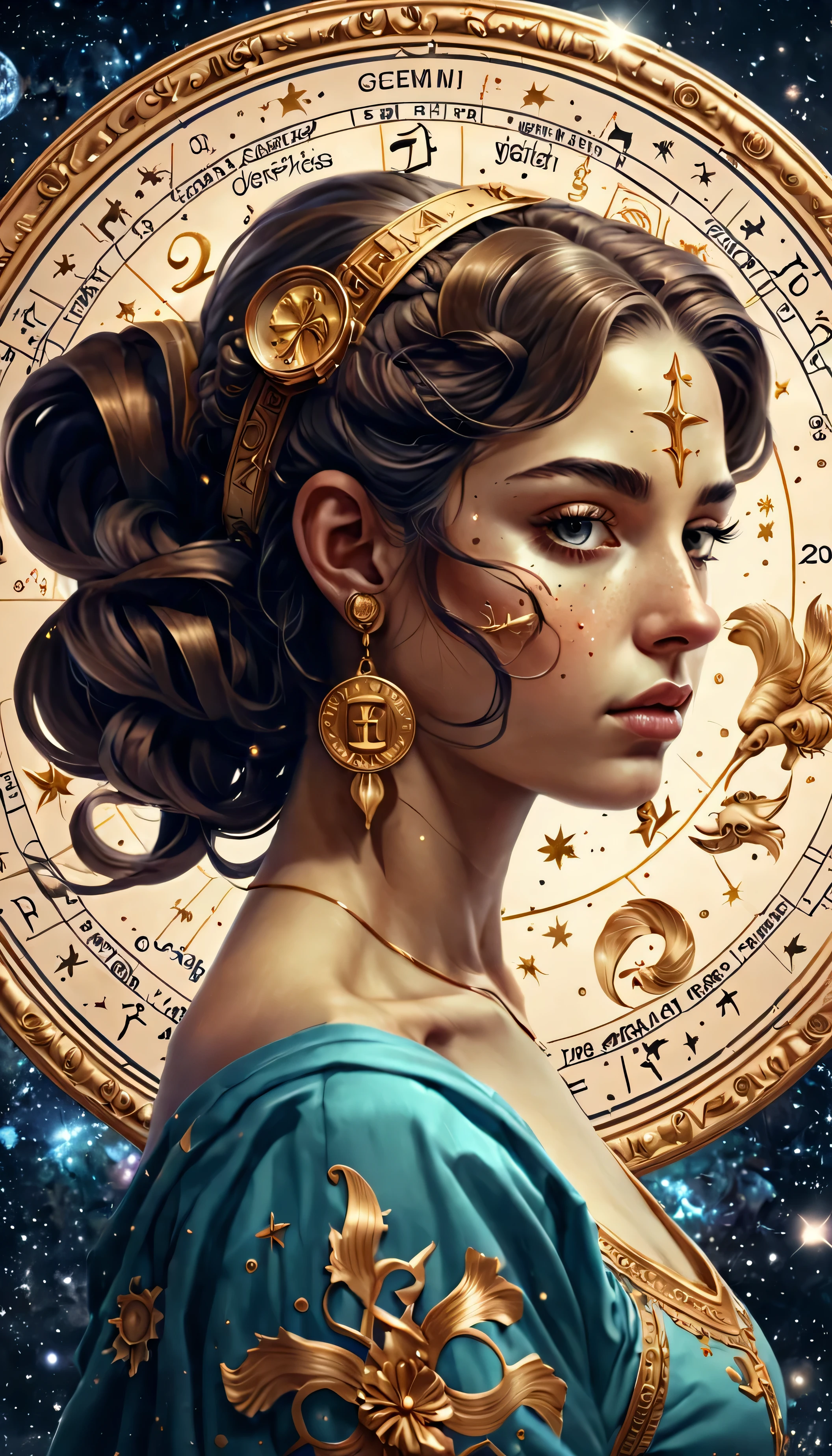 "Representation of the zodiac sign Gemini in the form of a woman.: fantastic art in high definition (8K) con tonos vivos y alegres, cabello corto y ondulado, ojos curiosos y centelleantes, and elements that identify Gemini such as the twins or symbols related to this zodiac sign." mujer, chica, mujer, mujer.
