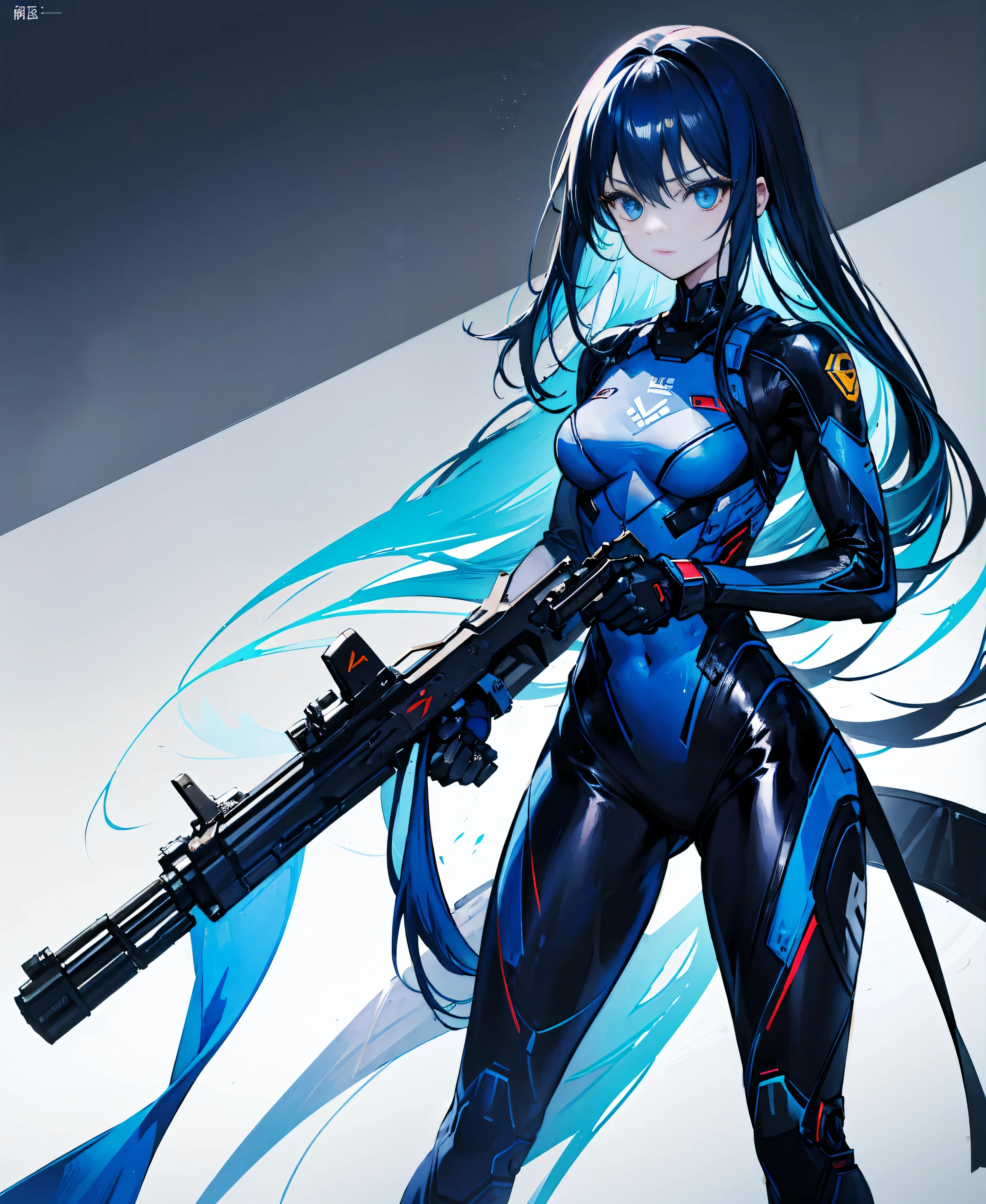 no background,girl,carry a firearm,Enamel style tight suit,use of firearms,dark blue long hair,attention arousal,blue colored eyes,no gradation