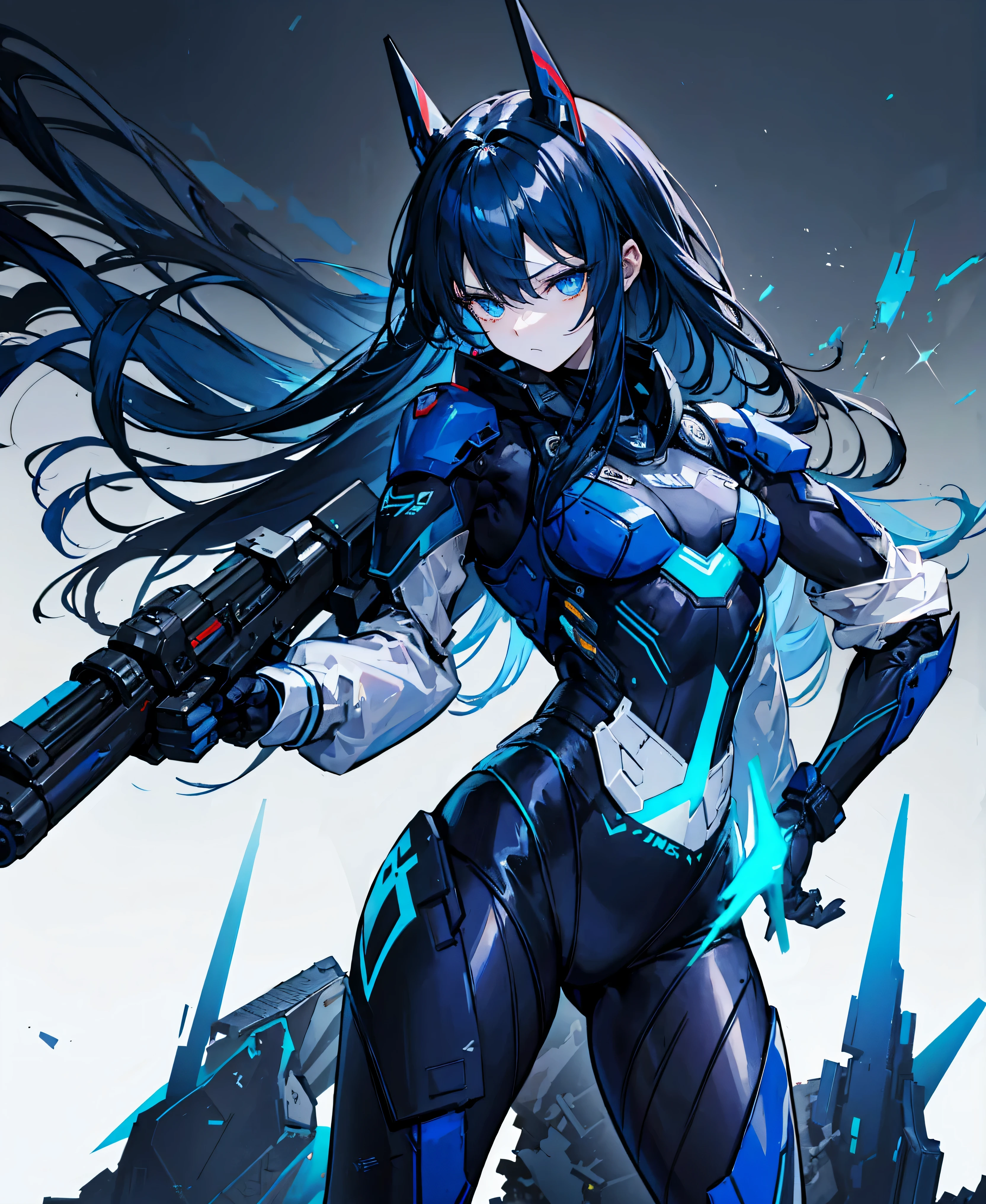 no background，girl，carry a firearm，Enamel style tight suit，use of firearms，dark blue long hair，attention arousal，blue colored eyes,no gradation