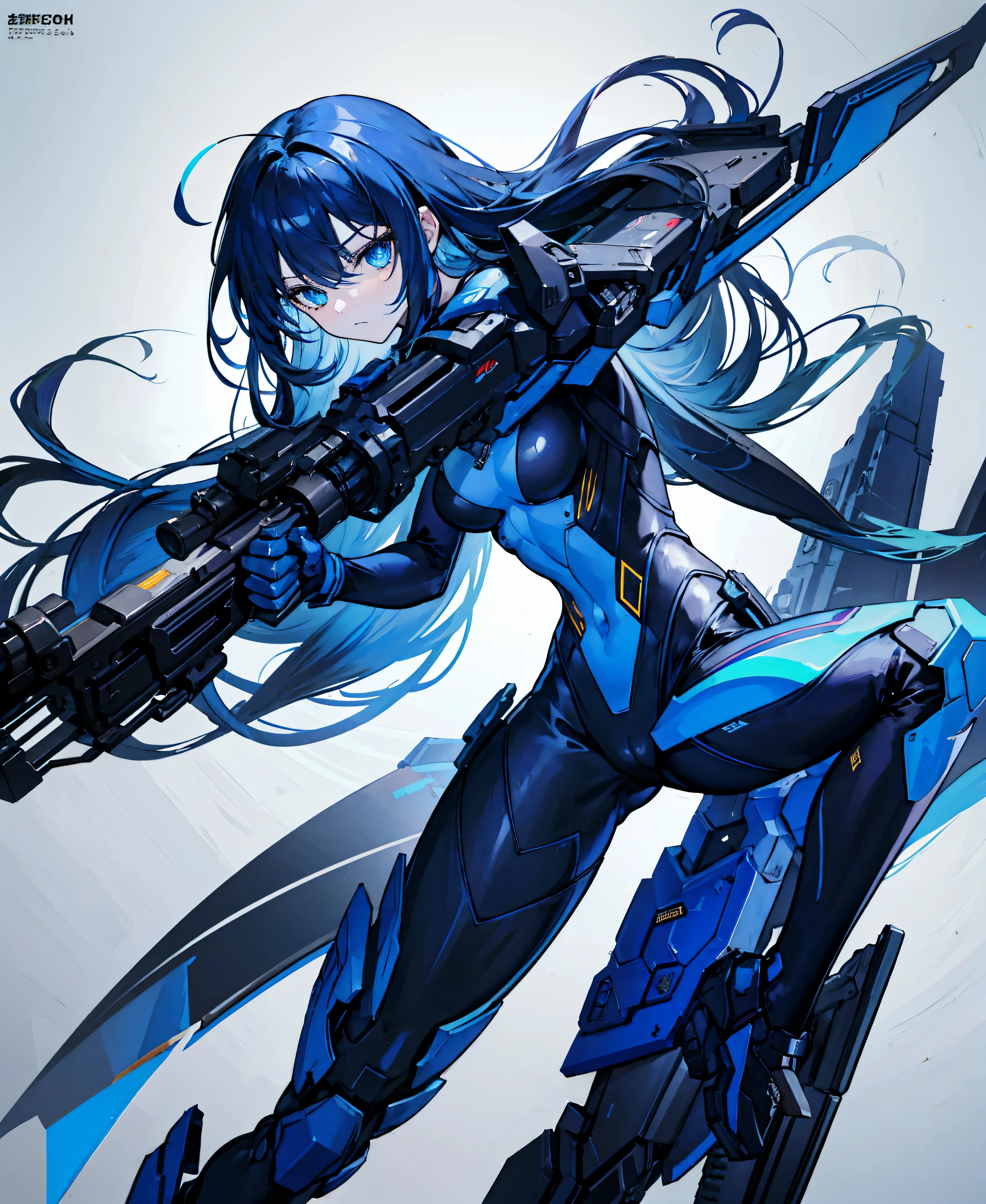 no background,girl,carry a firearm,Enamel style tight suit,use of firearms,dark blue long hair,attention arousal,blue colored eyes,no gradation