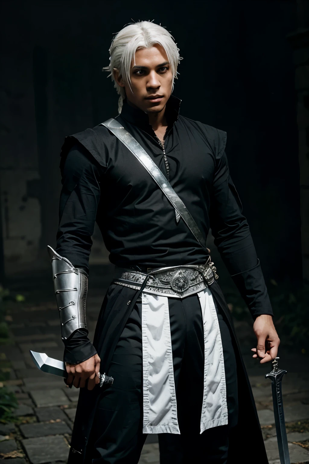RPG character, white hair, two swords, black man with dark clothes