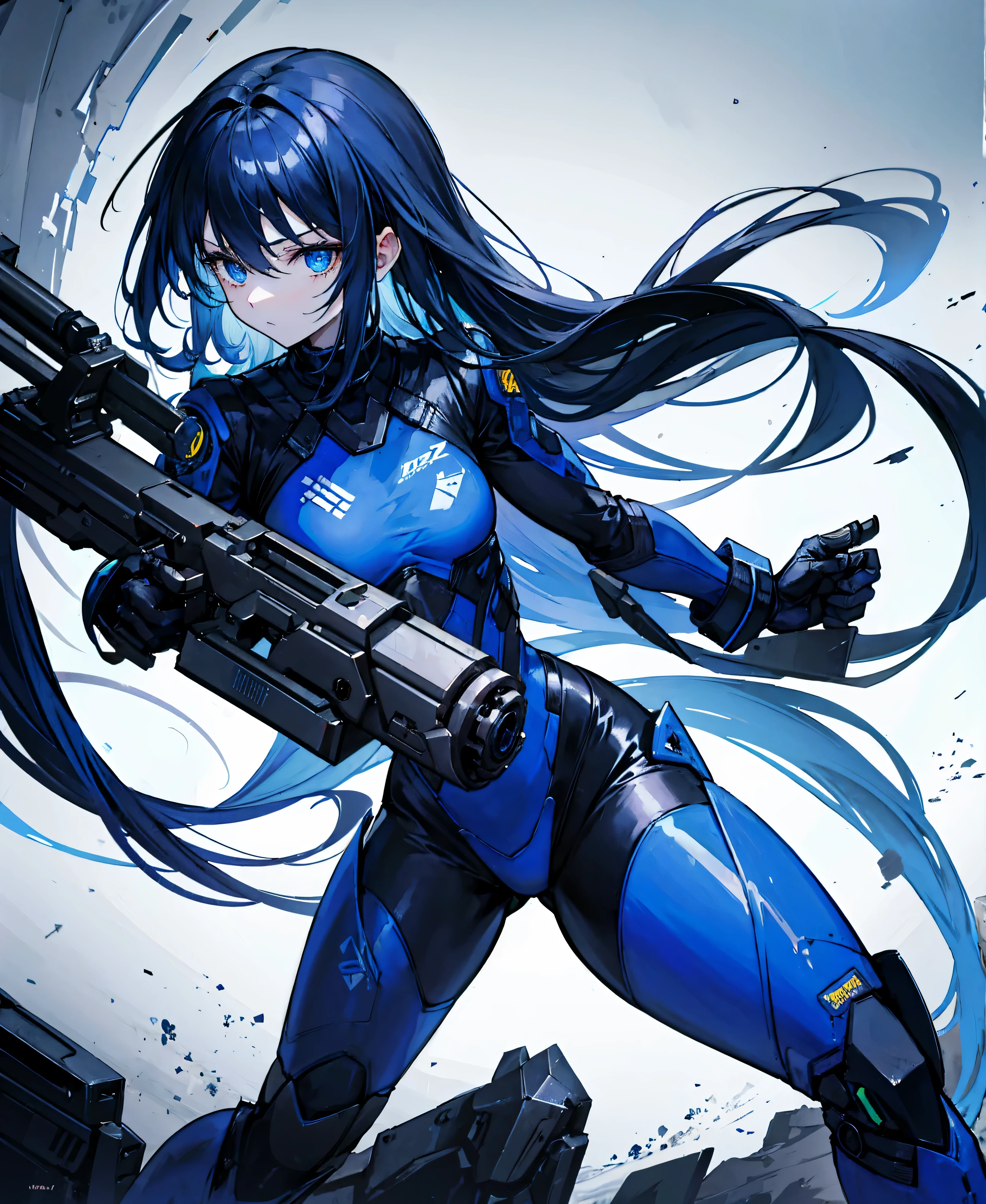 no background，girl，carry a firearm，Enamel style tight suit，use of firearms，dark blue long hair，attention arousal，blue colored eyes,no gradation