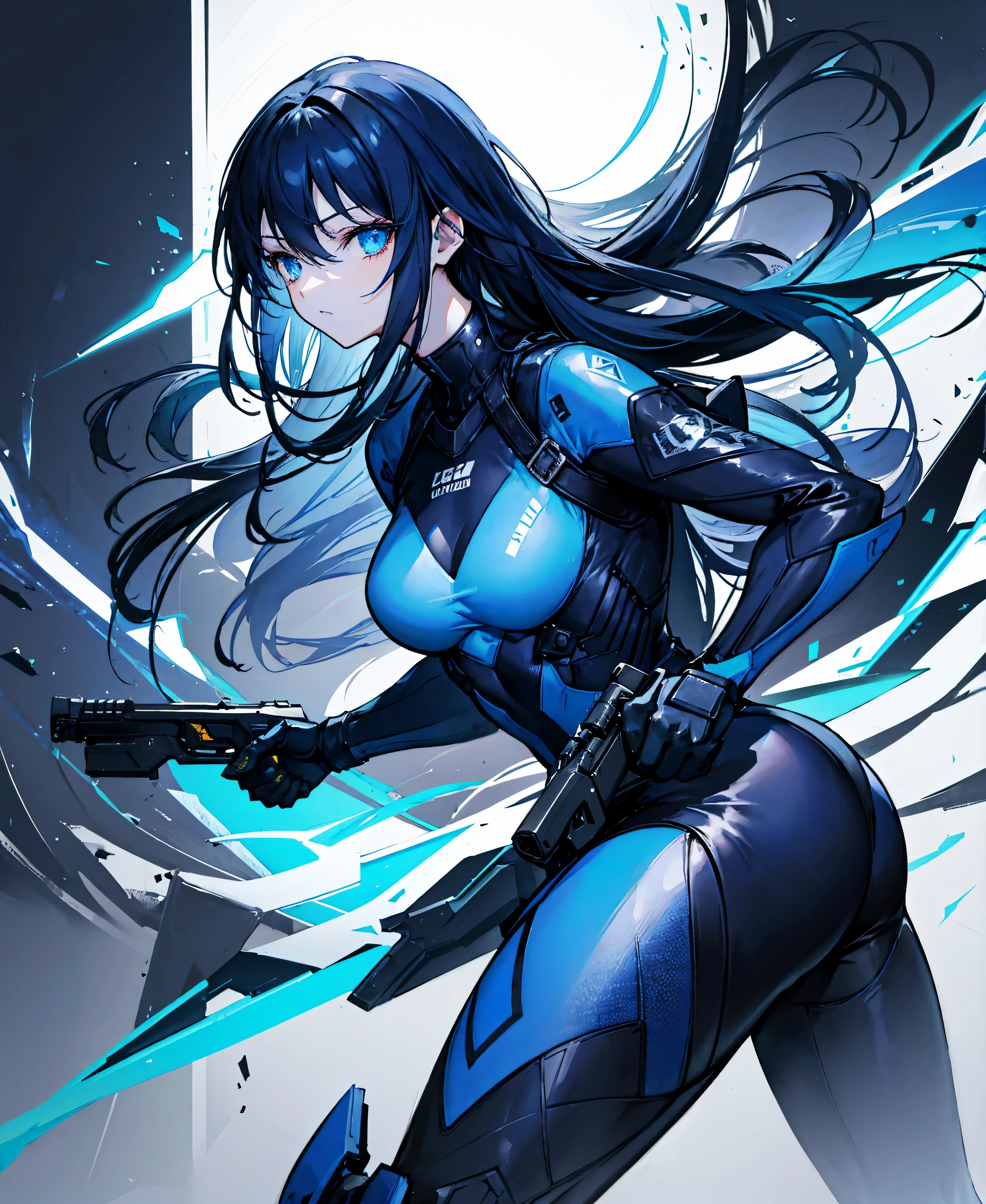 no background,girl,carry a firearm,Enamel style tight suit,use of firearms,dark blue long hair,attention arousal,blue colored eyes,no gradation