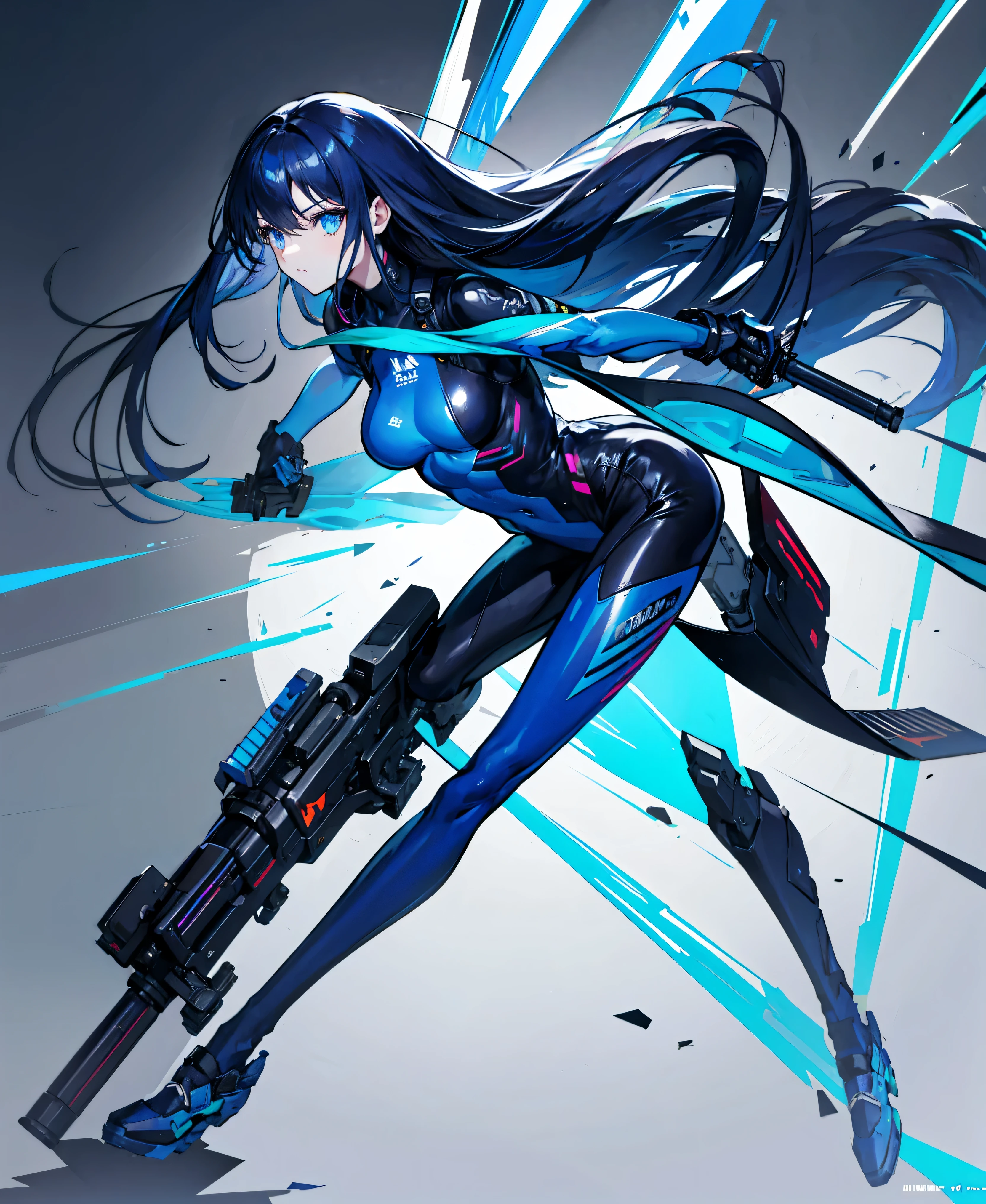 no background,girl,carry a firearm,Enamel style tight suit,use of firearms,dark blue long hair,attention arousal,blue colored eyes,no gradation