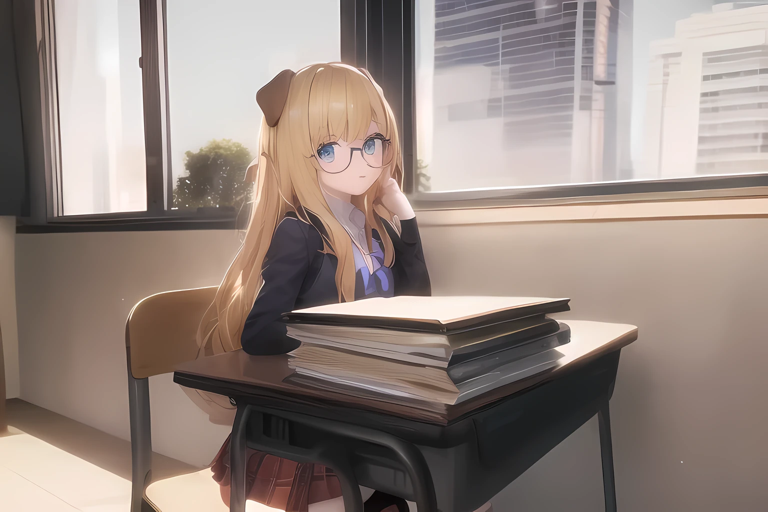 blonde anime girl with glasses and school outfit sitting at a desk with a stack of books, blue eyes, have cute brown dog ears, render of a cute 3d anime girl, anime styled 3d, hanayamata, small curvy , realistic anime 3 d style, 3d anime girl, anime moe artstyle, vrchat, , anime style. 8k, stylized anime, render of april, shikamimi, hyperrealistic schoolgir, ddlc, sat at a desk