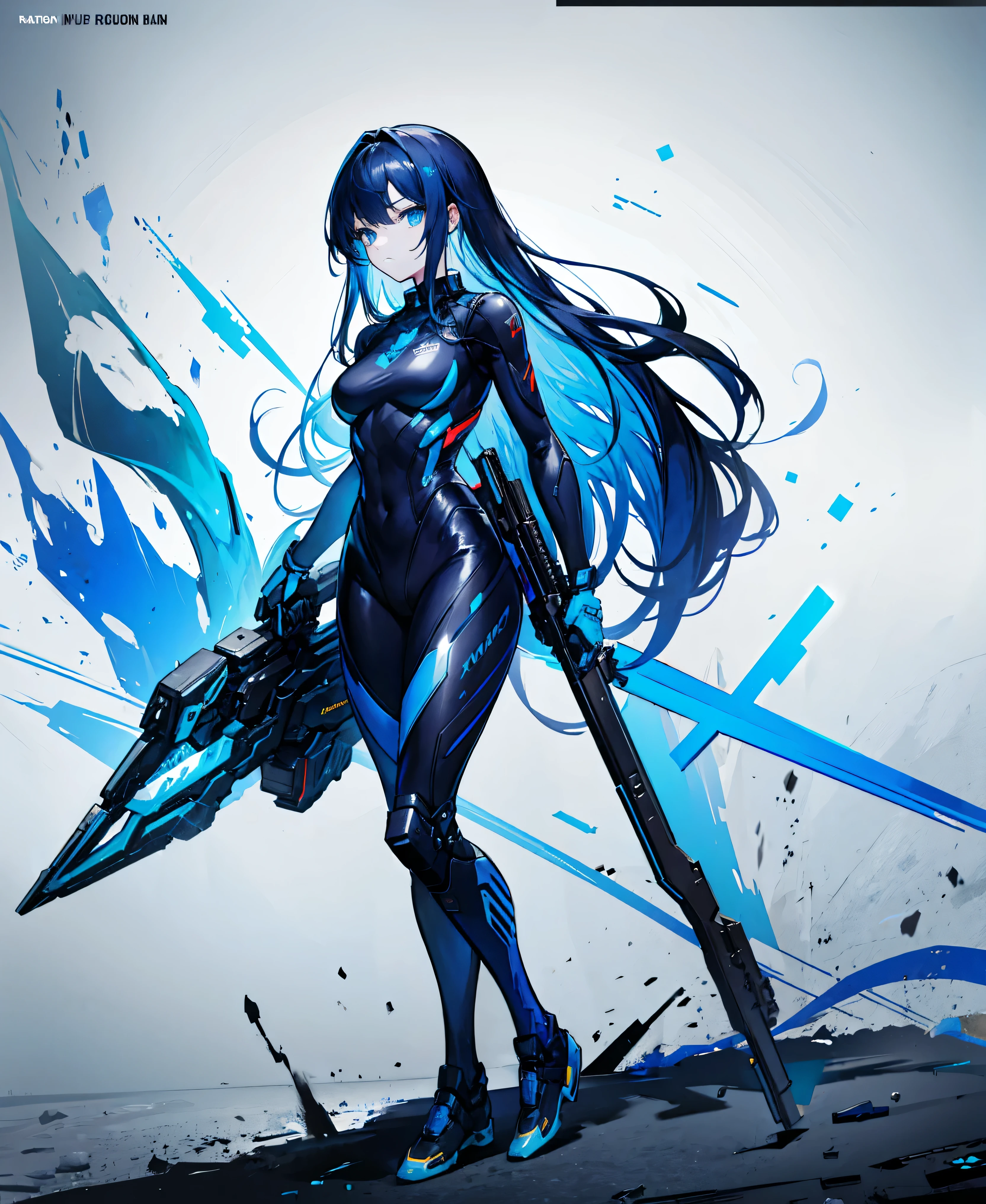 no background,girl,carry a firearm,Enamel style tight suit,use of firearms,dark blue long hair,attention arousal,blue colored eyes,no gradation