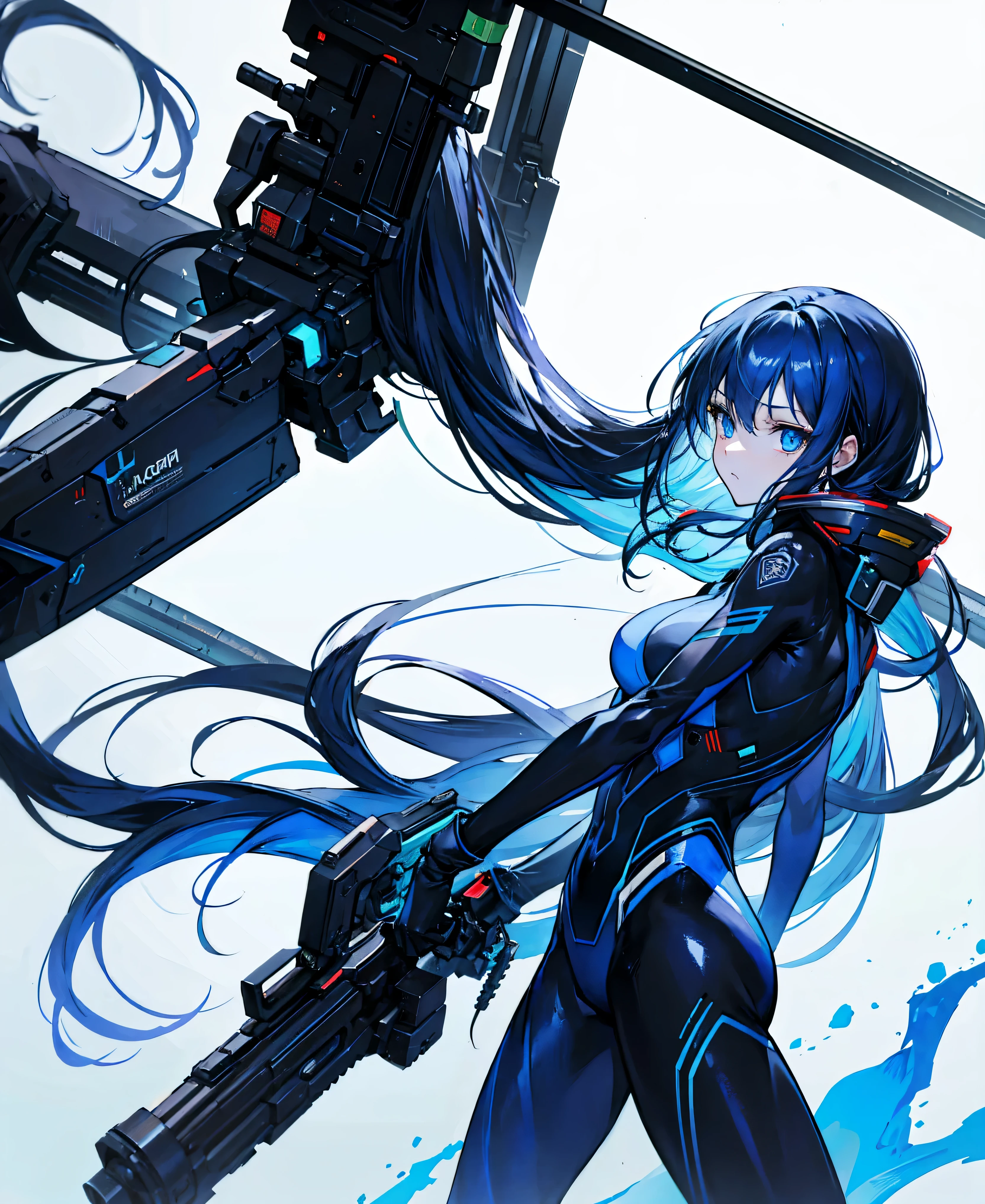 no background,girl,carry a firearm,Enamel style tight suit,use of firearms,dark blue long hair,attention arousal,blue colored eyes,no gradation