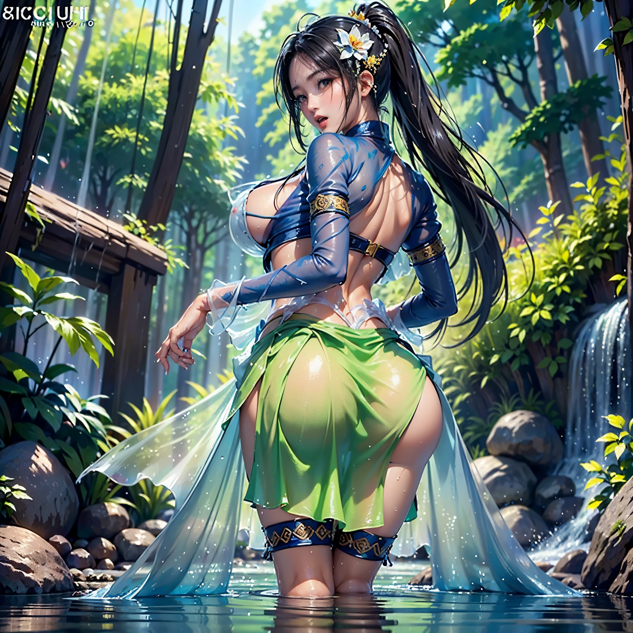 (full body picture,full body display),((epic composition,Waterfall in the forest,A woman wearing a flowing white gauze skirt,water goddess,There is a pair of water wings behind him,whole body xianxia,Shoot from behind,from below,Rich scene details,Water mist,flying water splash,Blue sky)),(25 years old,Excited expression,Open your mouth,sexy,enjoy,raised nipples),((anatomically correct,8k, super detail, UHD, masterpiece, super detail, high details, high quality, award winning, best quality, highres, 1080P, HD, 4K, 8k, ccurate))