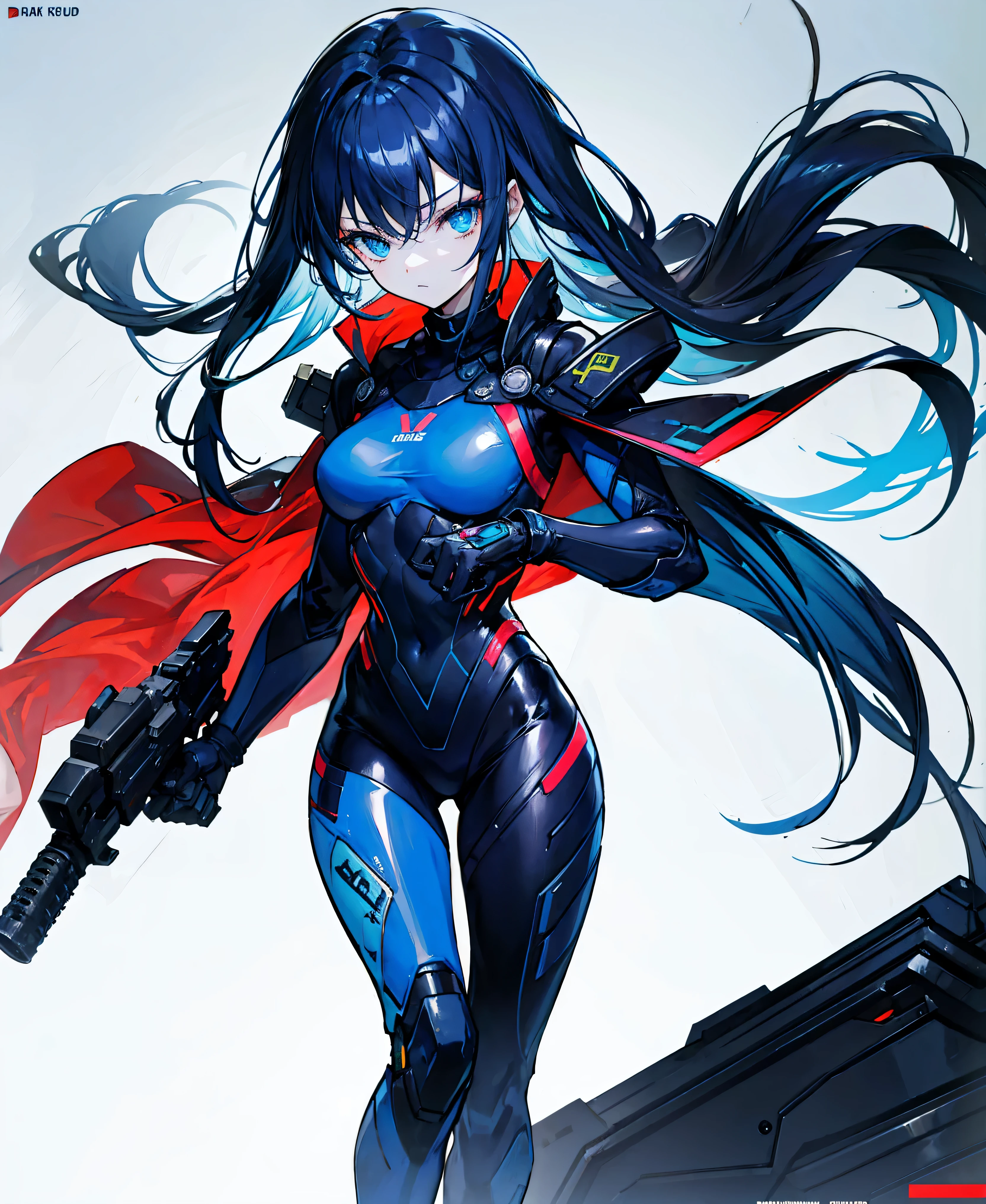 no background，girl，carry a firearm，Enamel style tight suit，use of firearms，dark blue long hair，attention arousal，blue colored eyes,no gradation