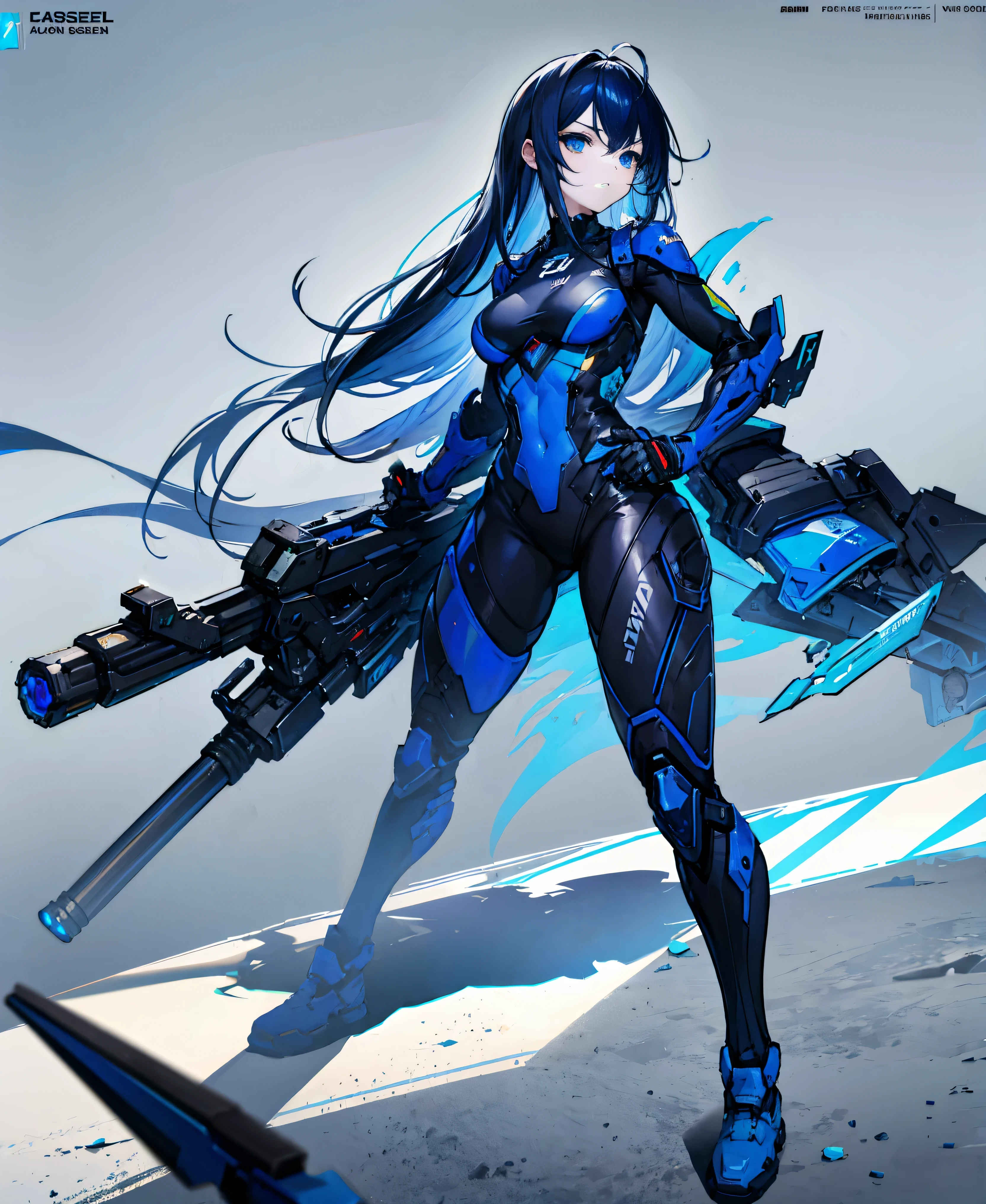 no background，girl，carry a firearm，Enamel style tight suit，use of firearms，dark blue long hair，attention arousal，blue colored eyes,no gradation