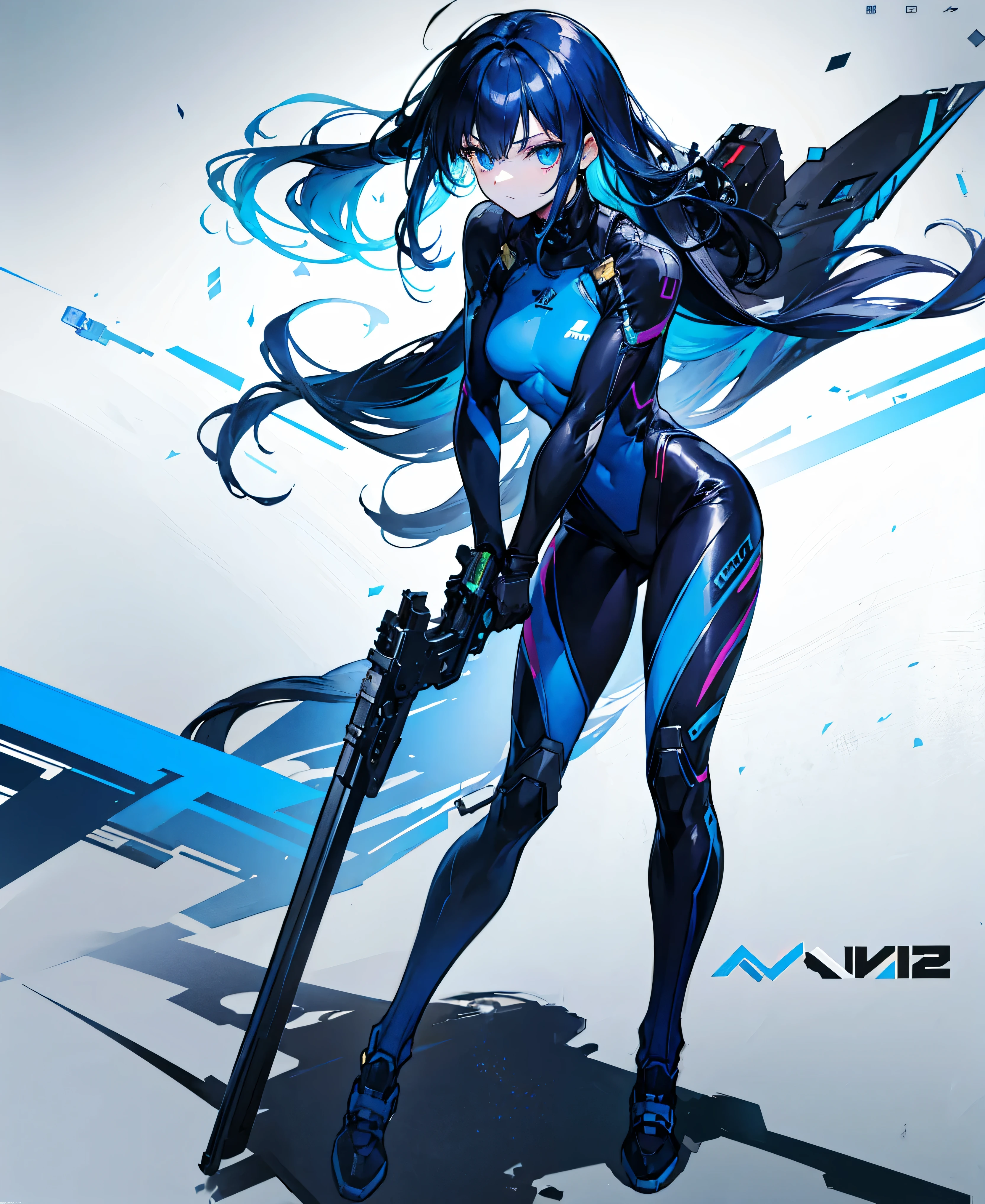 no background，girl，carry a firearm，Enamel style tight suit，use of firearms，dark blue long hair，attention arousal，blue colored eyes,no gradation