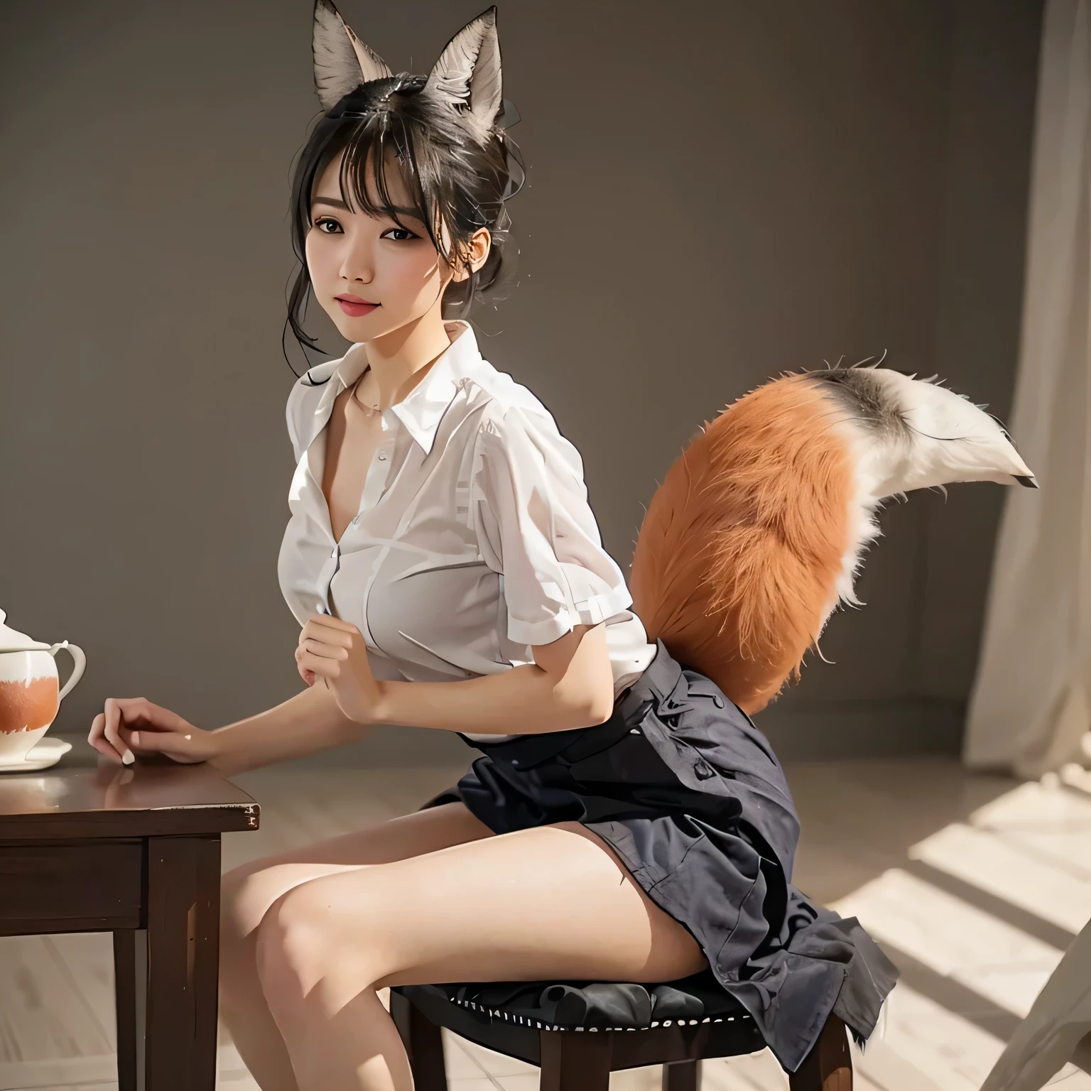 Girl with a furry tail , Fox tail, tail, collared shirt,table top, 最high quality, shape, Ultra-detailed, finedetail, High resolution, 8k wallpaper, 完璧なダイナミックな構shape, Beautiful detailed eyes,full body shot，Please show me your whole body、thin and transparent、long gray hair, ,smile,Harajuku、20 year old girl、eyeliner、beautiful bangs、hair between eyes、最high quality、ultra-detailliert、film light、intricate-detail、High resolution、ighly detailed))、detailed background、8KUHD、Digital single-lens reflex camera、soft light、high quality、film grain、Fujifilm XT3 、shallow depth of field、natural soft light、Kamimei、I looked at my knees.., sexy shot looking at camera、to the feet、full body shot facing the camera、look back、(Fox&#39;s tail is pushing up the skirt:1.9)