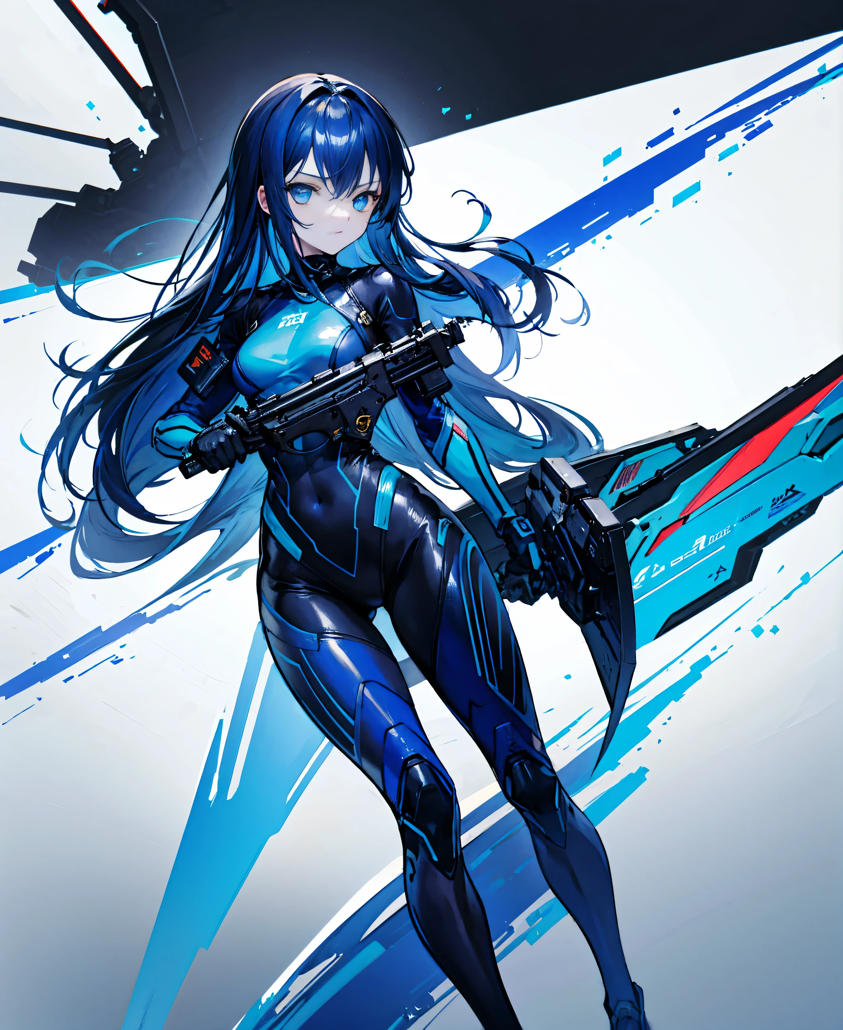 no background，girl，carry a firearm，Enamel style tight suit，use of firearms，dark blue long hair，attention arousal，blue colored eyes,no gradation