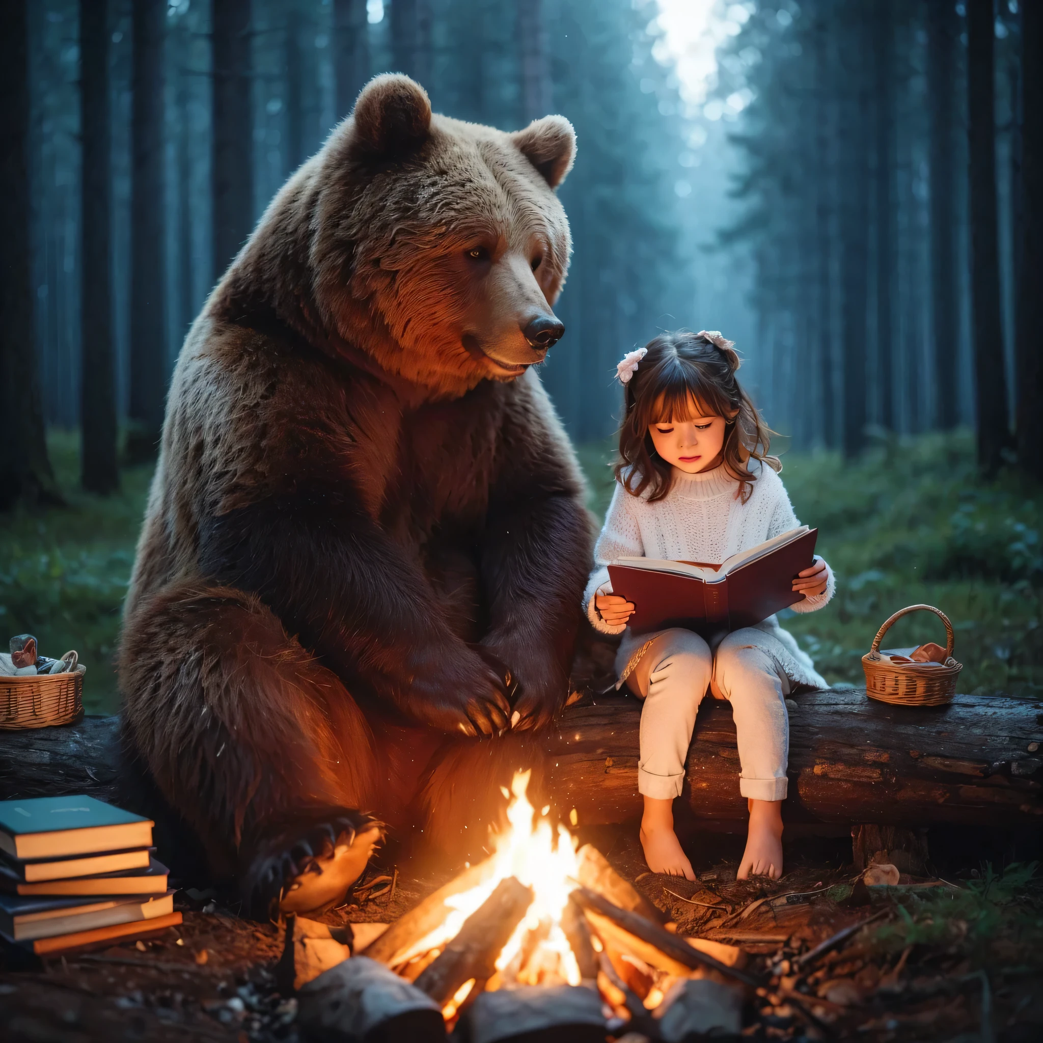 there is a cute  sitting next to a bear reading a book, storybook illustration by Adam Marczyński, winner of the pexels contest, romance, storytelling, storybooks, telling stories, reading a new book, at the campfire in the forest, a truly extraordinary image , reading books, unsplash contest winning photos, story books, amazing compositions.  cinematic photoshoot