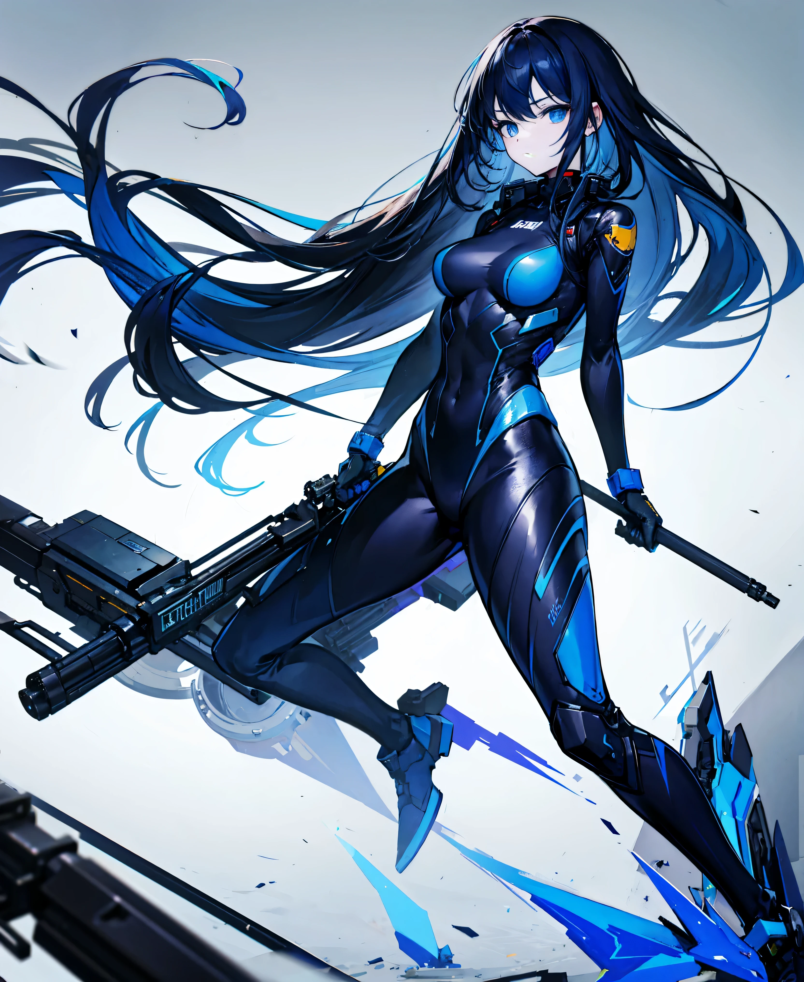 no background,girl,carry a firearm,Enamel style tight suit,use of firearms,dark blue long hair,attention arousal,blue colored eyes,no gradation
