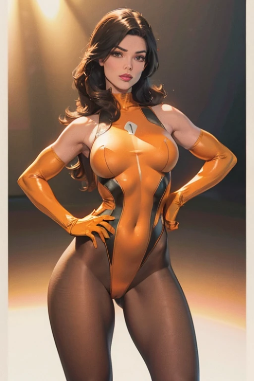 (best quality,8k:1.2,high resolution:1.2),ultra-detalhado,Realistic,retro science female,21 YEARS OLD,long hair,rosto extremamente detalhados,long eyelashes,all sheer light brown leotard de nylon Apertado,all light brown pantyhose, beige gloves,orange Glossy metalic accessories,Physically-based rendering,sharp focus,studio lighting