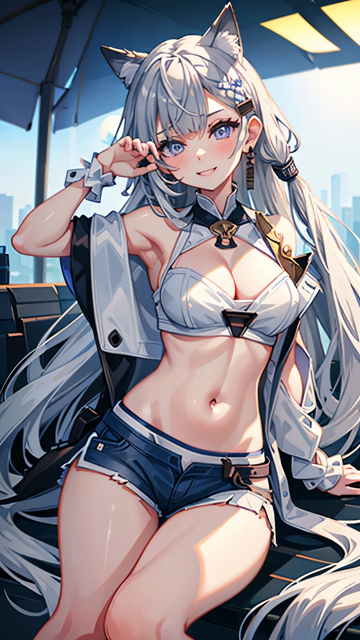 masterpiece, highres, solo, 8k, detailed, perfect face, (ultra high quality), looking viewers, armpit, big breast, sideboobs, cleavage, gray hair, long hair, wolf ears, violet eyes, belly, stomach, navel, abs, white bikini, micro bikini, swimsuit, denim short, mini short, slim body, smile, blush, thigh