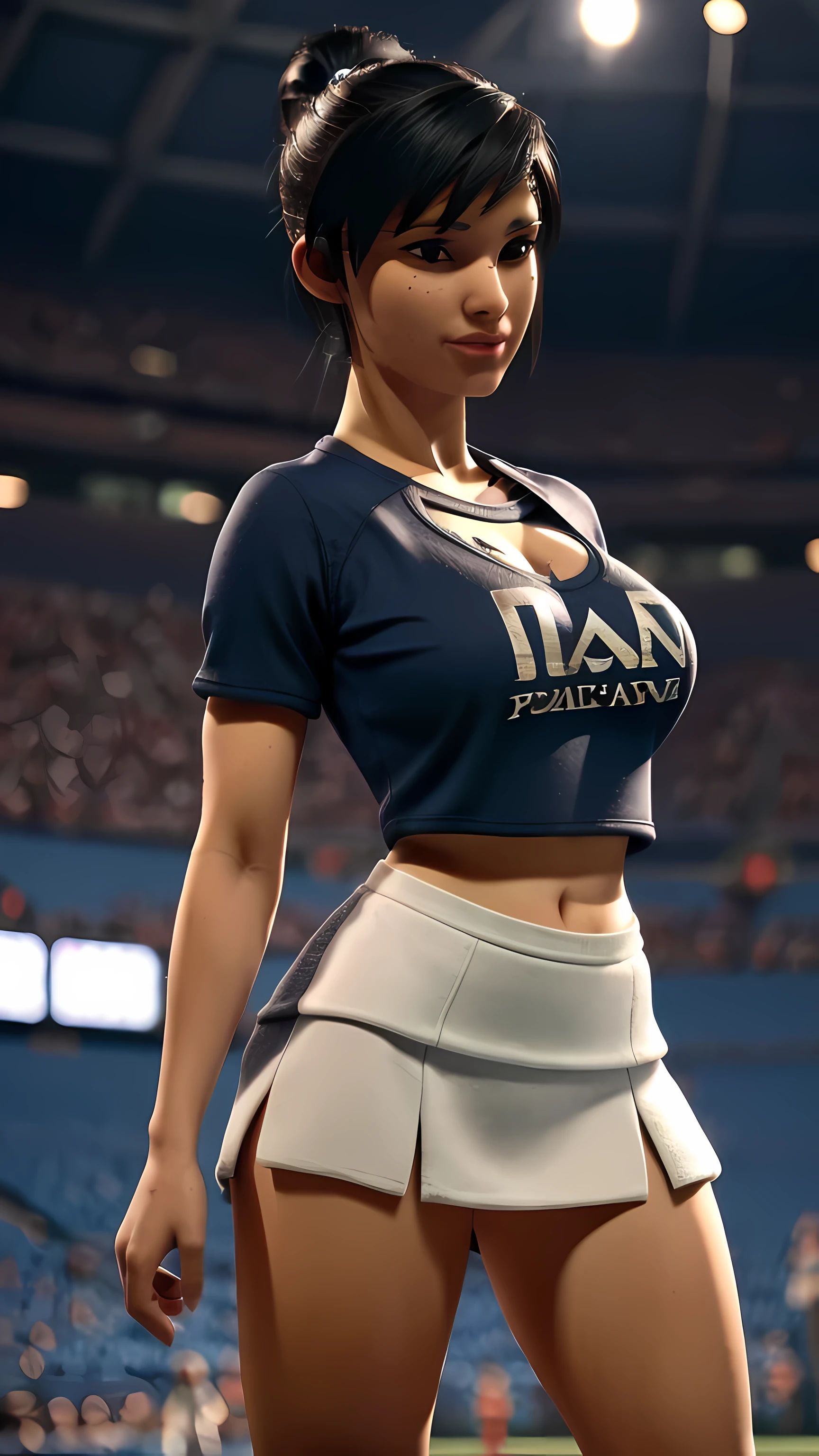 Kena, full body, cheerleader outfit, football stadim, pum-pums, (best quality), (ultra detailed), (8k, 4k, intricate), (highly detailed:1.2), (masterpiece),((ultra-detailed)), (highly detailed CG illustration), (best quality:1.2),realistic8K UHD,High definition,High quality texture, (breast:1.5),