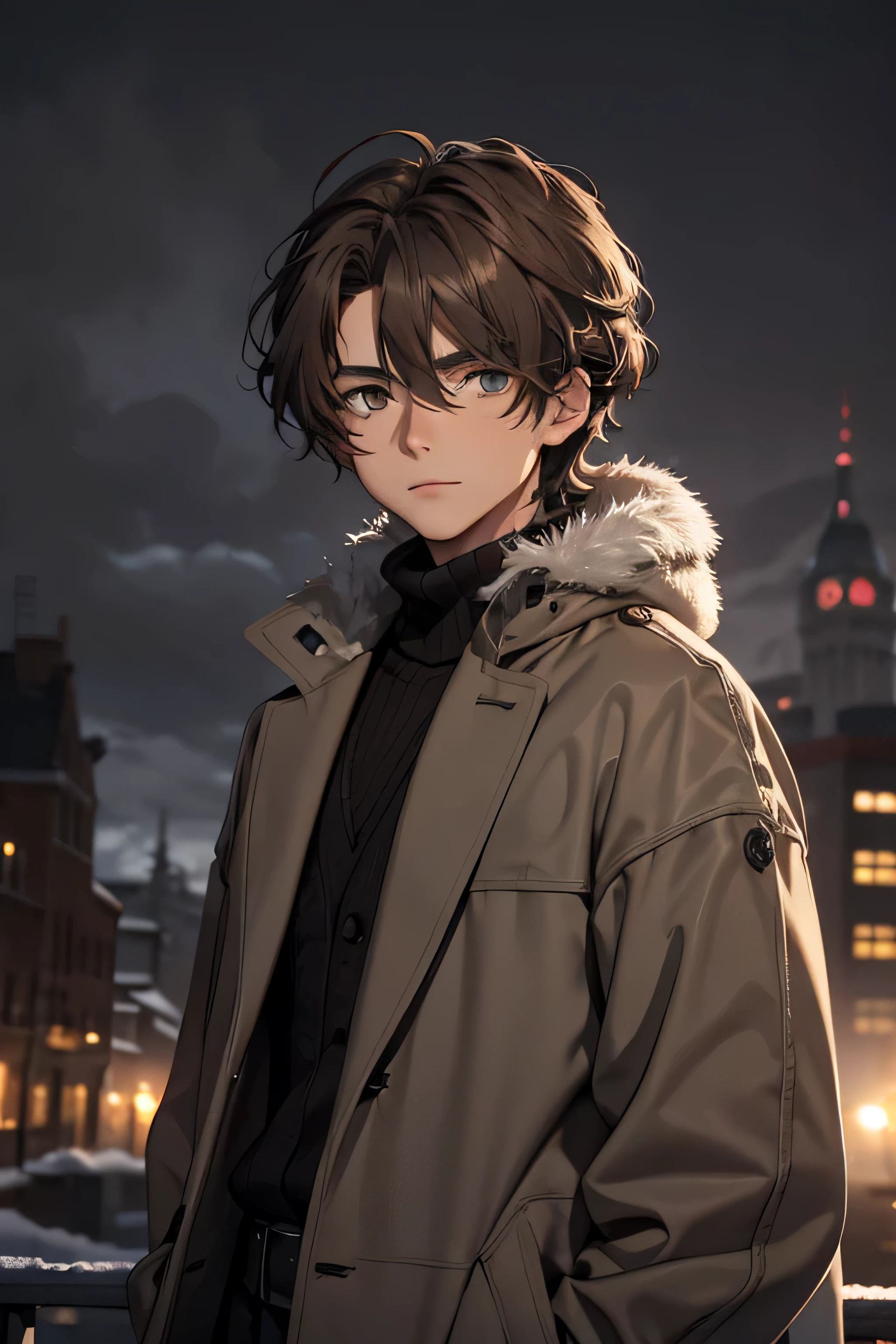 18-year-old-boy,:1.9 (((ashy-brown colored hair))), medium hair, curtain hairstyle, grey eyes, handsome, winter clothes, castle background, stormy night, cinematic anime quality, looking-away-from-viewer:1.6, expressionless, long black overcoat, black turtleneck, faraway shot:1.7
