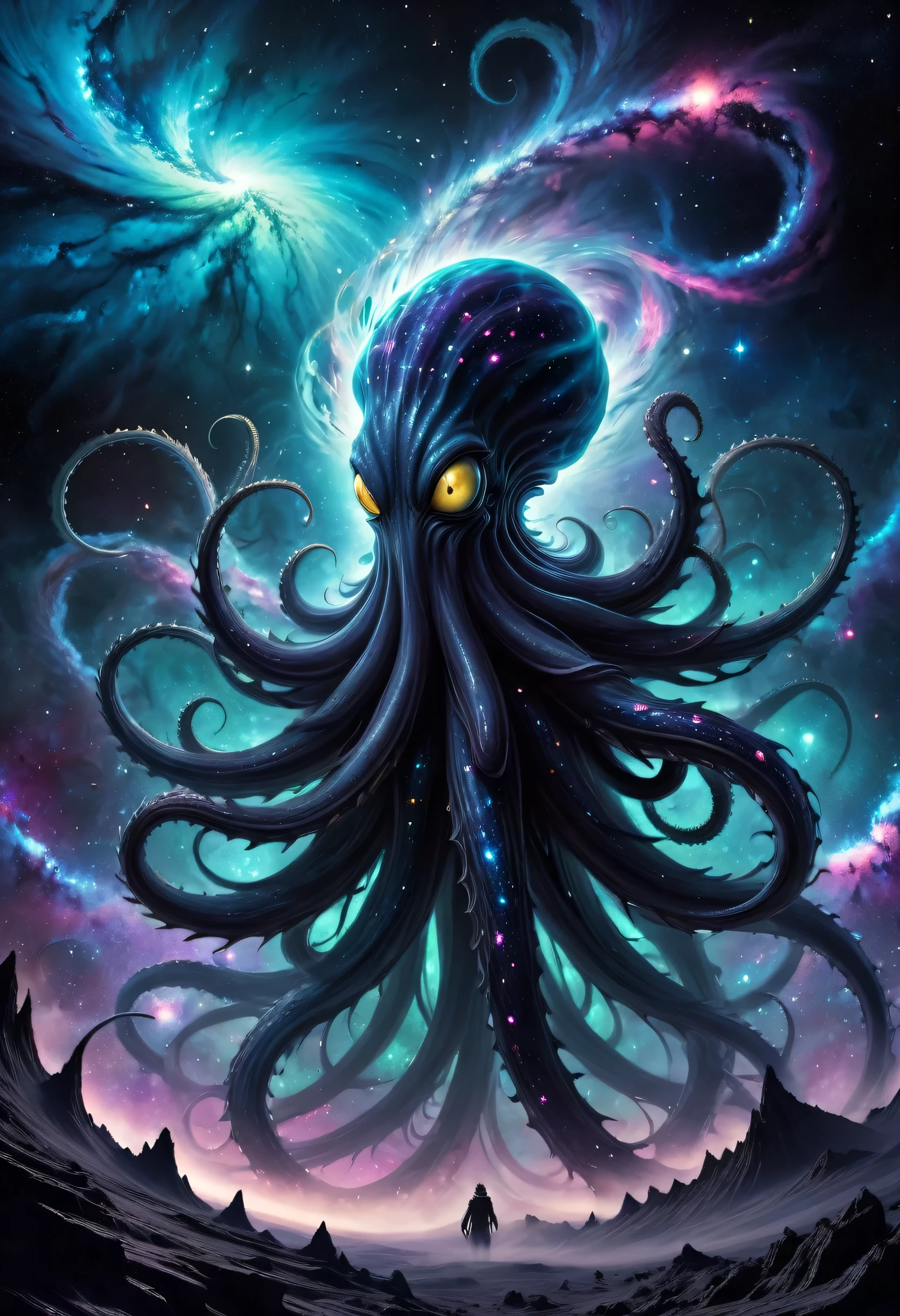 Au milieu de l'desolate expanse of'a disturbing galaxy, a terrifying cosmic entity materializes, its form is a grotesque fusion of sinewy, jagged tentacles, characteristics of'un autre monde. Avec des yeux qui percent le vide avec une intensité troublante, he gives off an aura of primal terror, chaque mouvement fait frissonner le dos de quiconque ose le regarder. Sur fond de poussière cosmique tourbillonnante et d’amas d’étoiles menaçants, this nightmarish monstrosity embodies the frightening reality of the darkest secrets of the'univers