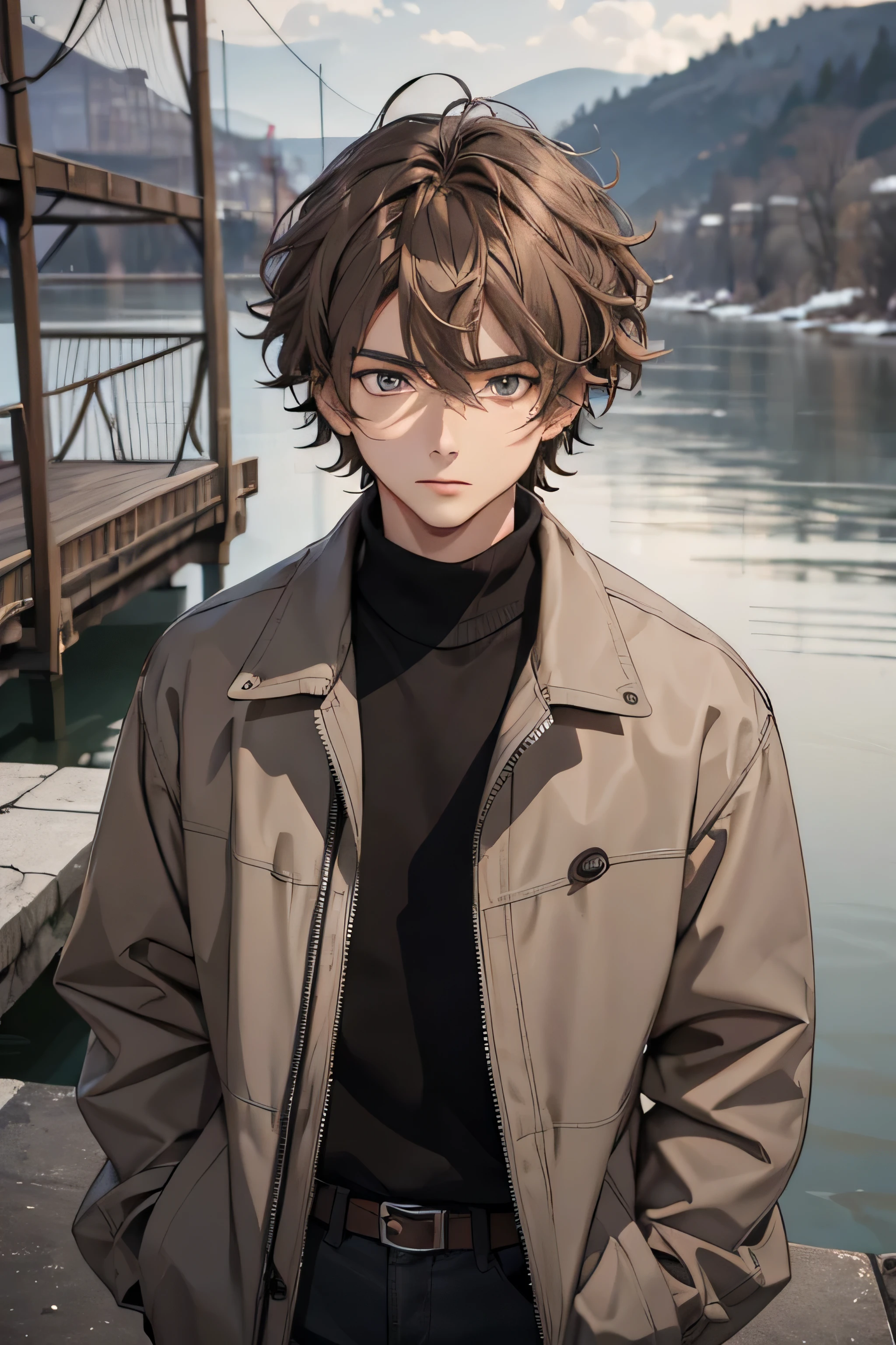 t1m0thee, 18-year-old-boy,:1.9 (((ashy-brown colored hair))), medium hair, curtain hairstyle, grey eyes, handsome, winter clothes, river background, cinematic anime quality, looking-away-from-viewer:1.6, expressionless, long black jacket, black turtleneck, faraway shot:1.7
