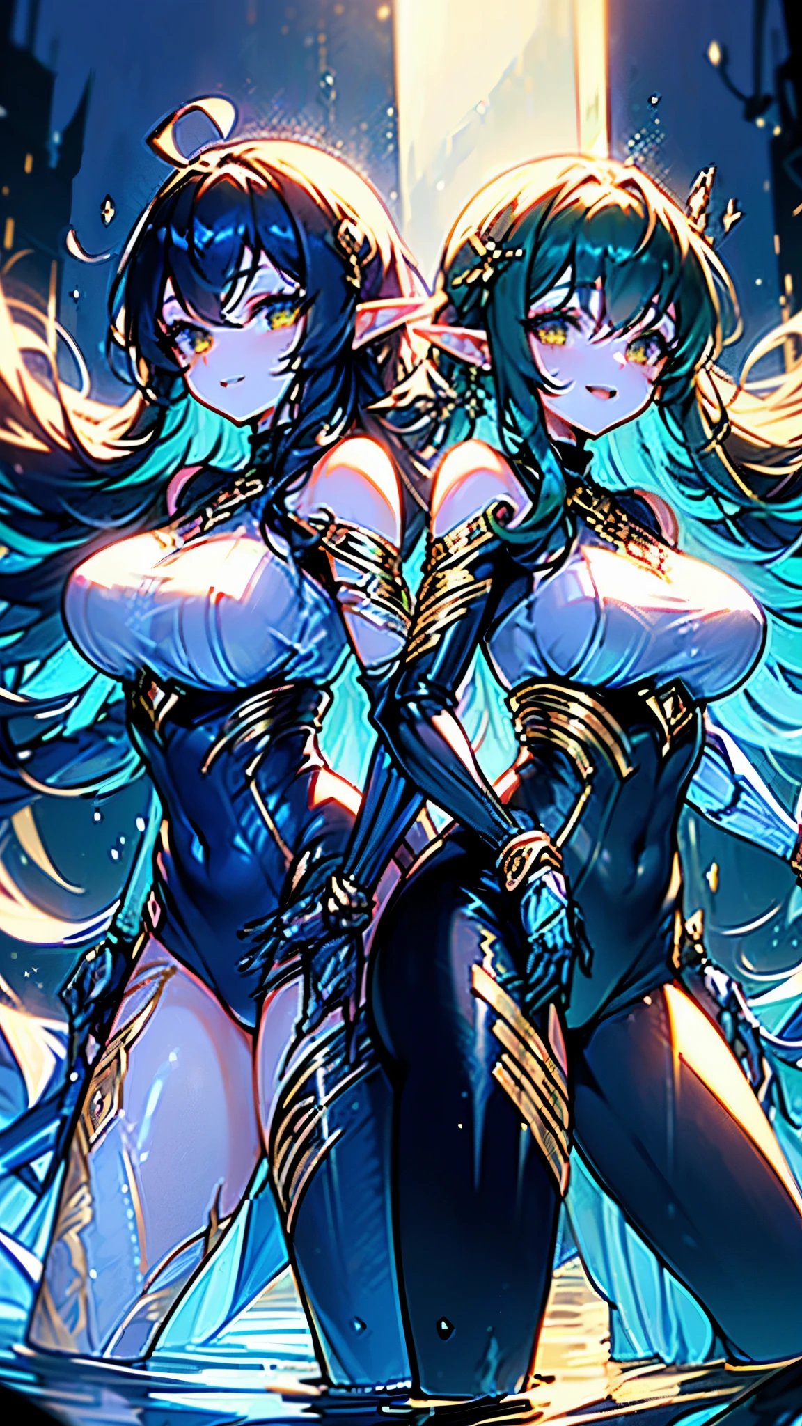 ((2 women side by side)), ((elf-like)), blue curly long hair, gold jewellery, expensive gloves, leggings, twins, (big golden eyes), (((ultra high quality))), (((anatomically correct))), looking up, (((holding swords))), flooded city background, ((night time)), obsidian armor with visible golden details, (smirking facial expression), (((high quality anatomically correct hands)))