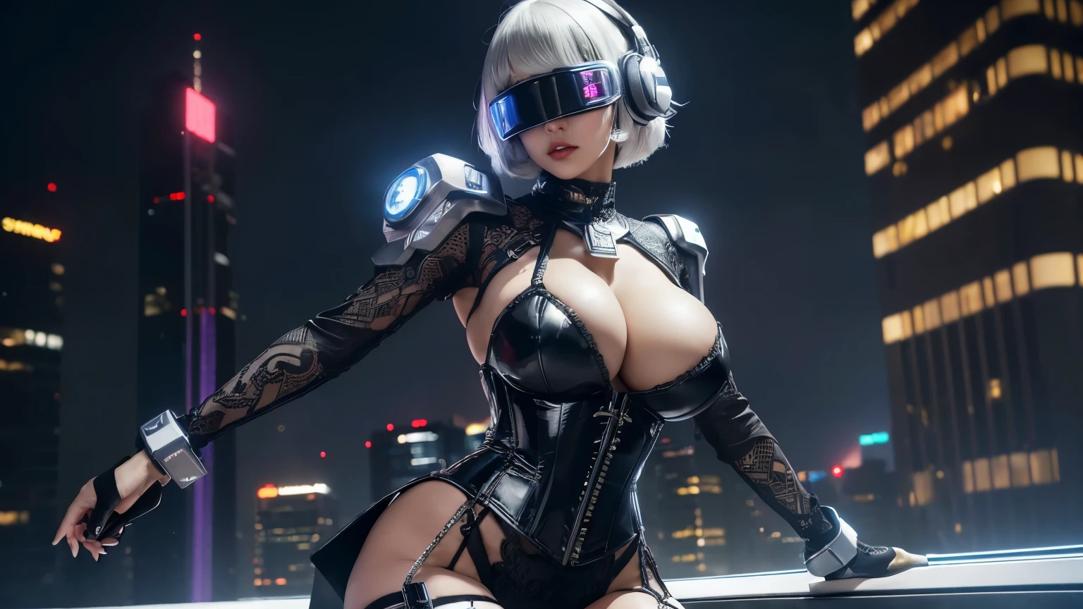 ((best quality)), ((ultra realistic)), 8k, unreal engine, ((masterpiece)), (detailed), (((perfect face))), (((hot chick young girl))), (((there is a cyberpunk night city in the background))), ((big tits )), ((black sexy futuristic steel outfit)), (((detailed face))), perfect body, ((good anatomy)), (((big tits))), (((her eyes are covered by a black carbon VR Gaming Headset))), (big boobies), high heels platform boots, ((bob cut white hair)), ((lasers)), (((her clothes are made of metal))), ((lacy metal futuristic corset)), samurai sword, garter belts, stocking, ((lacy brassiere))