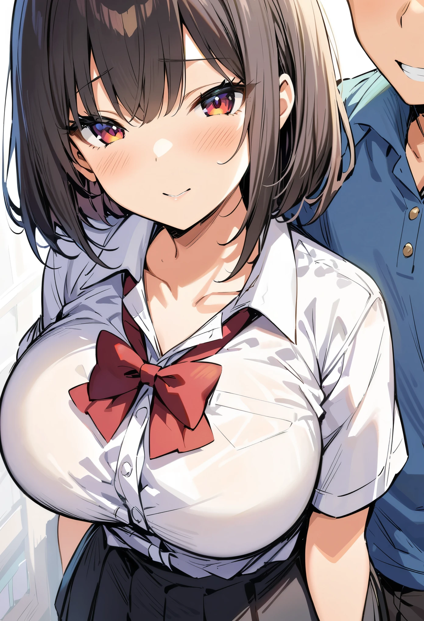 (best quality:1.2),ultra-detailed,highres,masterpiece,1girl , 1boy,male ,huge tit，blush, medium breasts,JK ,school uniforms
