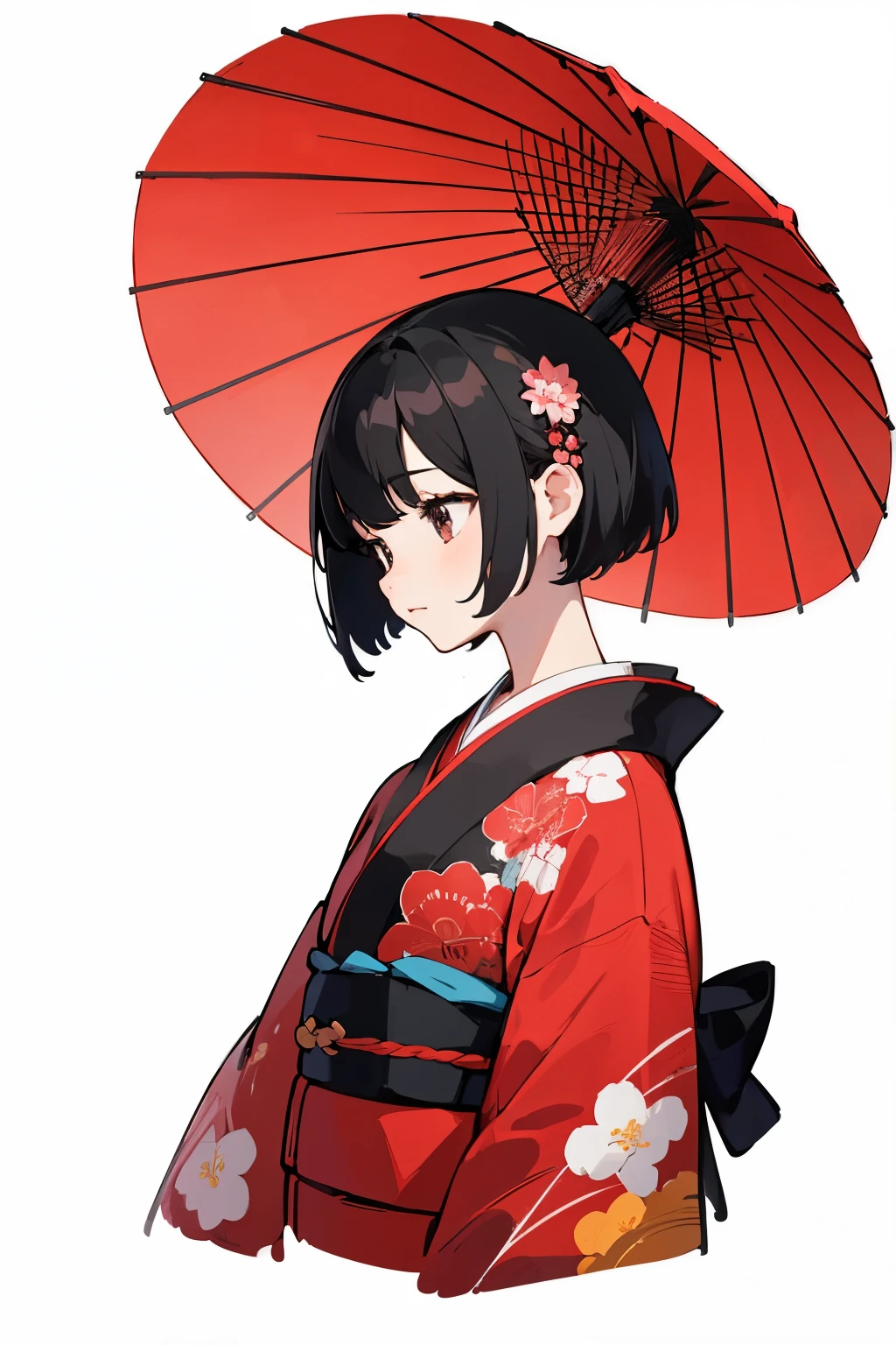 (Detailed and highest quality illustrations:1.2), (pretty girl:1.0), (1 girl, alone:1.0), (black short hair:1.0), (red kimono:1.0), (Upper body:1.0), (Super detailed, High resolution, 4k:1.0),