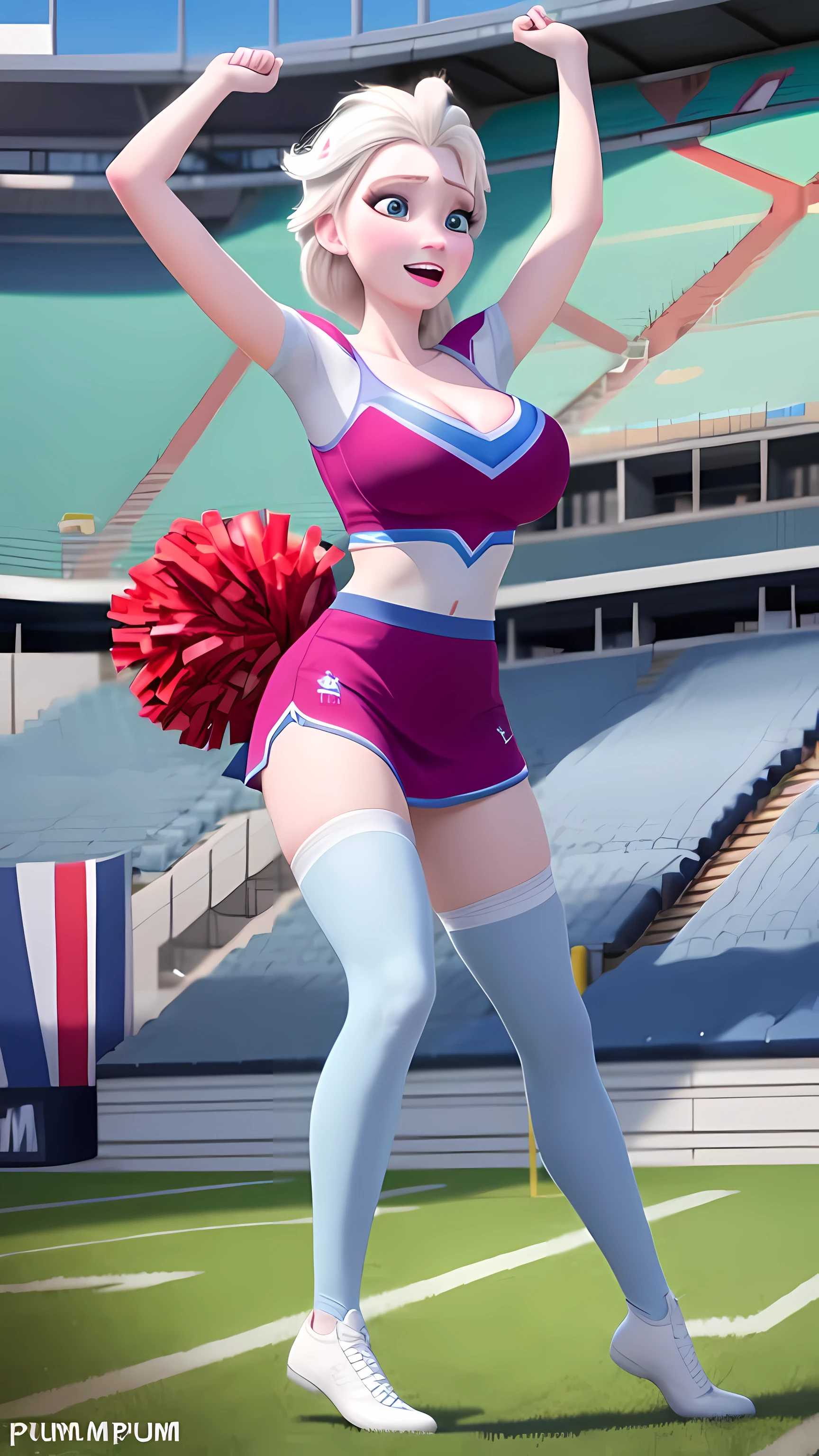 elsa of arendelle, full body, cheerleader outfit, football stadium, pum-pums, (big breasts)