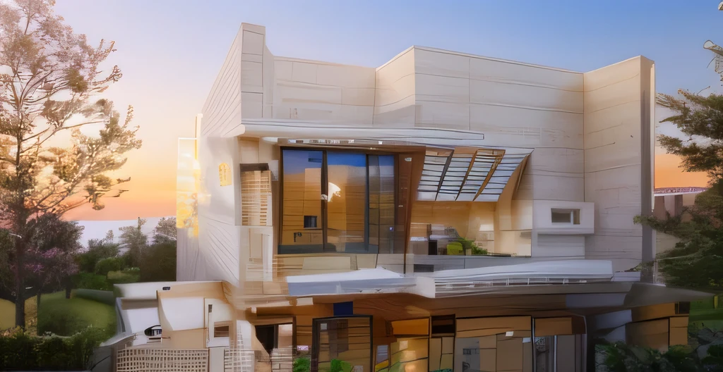 (masterpiece),(high quality), best quality, real,(realistic), super detailed, (full detail),(4k),8k,modern house exterior design,Modern architecture,Sandstone,whitewall,Beautiful_sky,Day light, no_humans, outdoors,sky,tree,Garden flower front of building,
