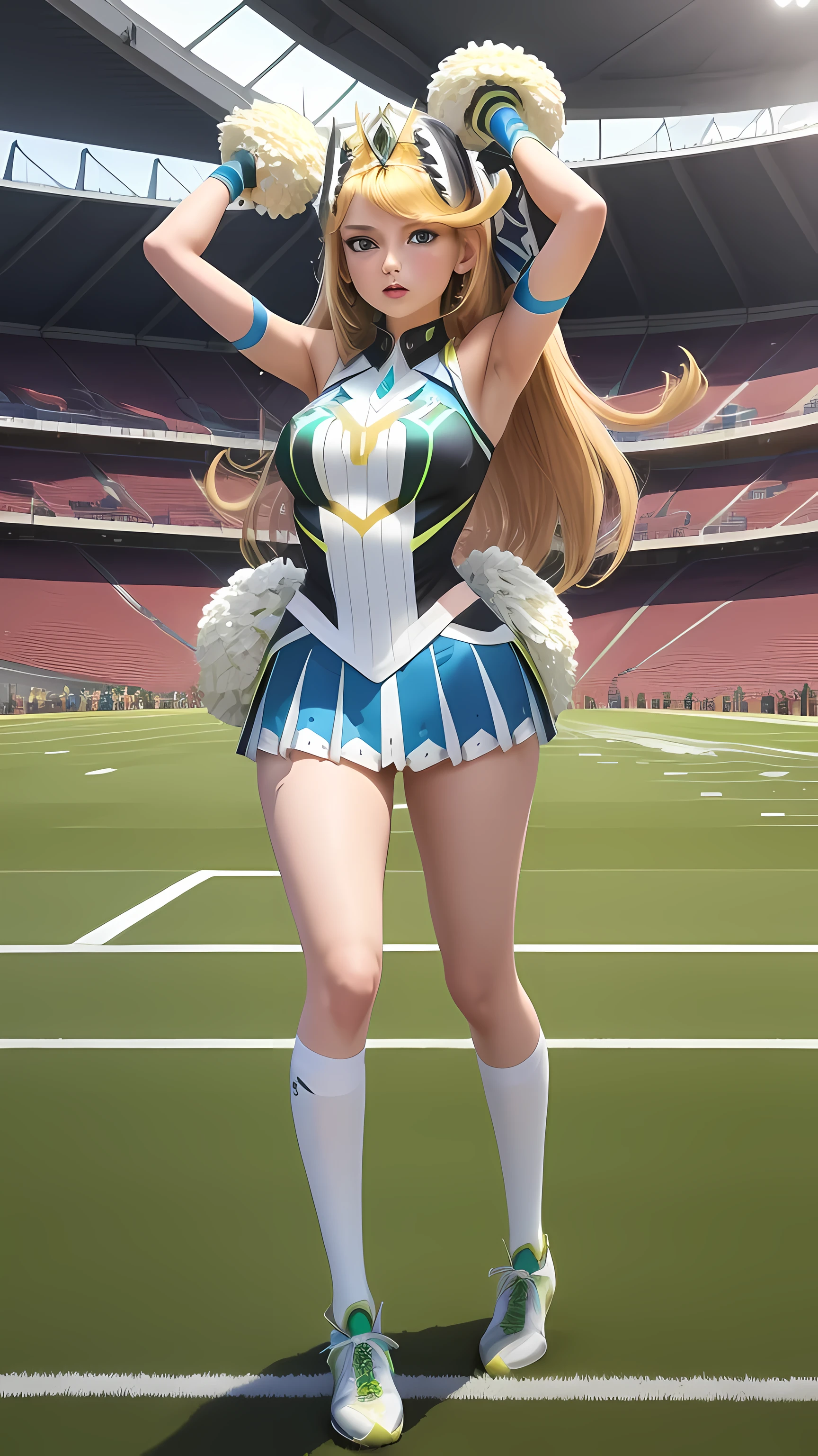 masterpiece, best quality, 1girl, solo, mythramm, tiara, cheerleader outfit, football stadium, pom-poms, full body