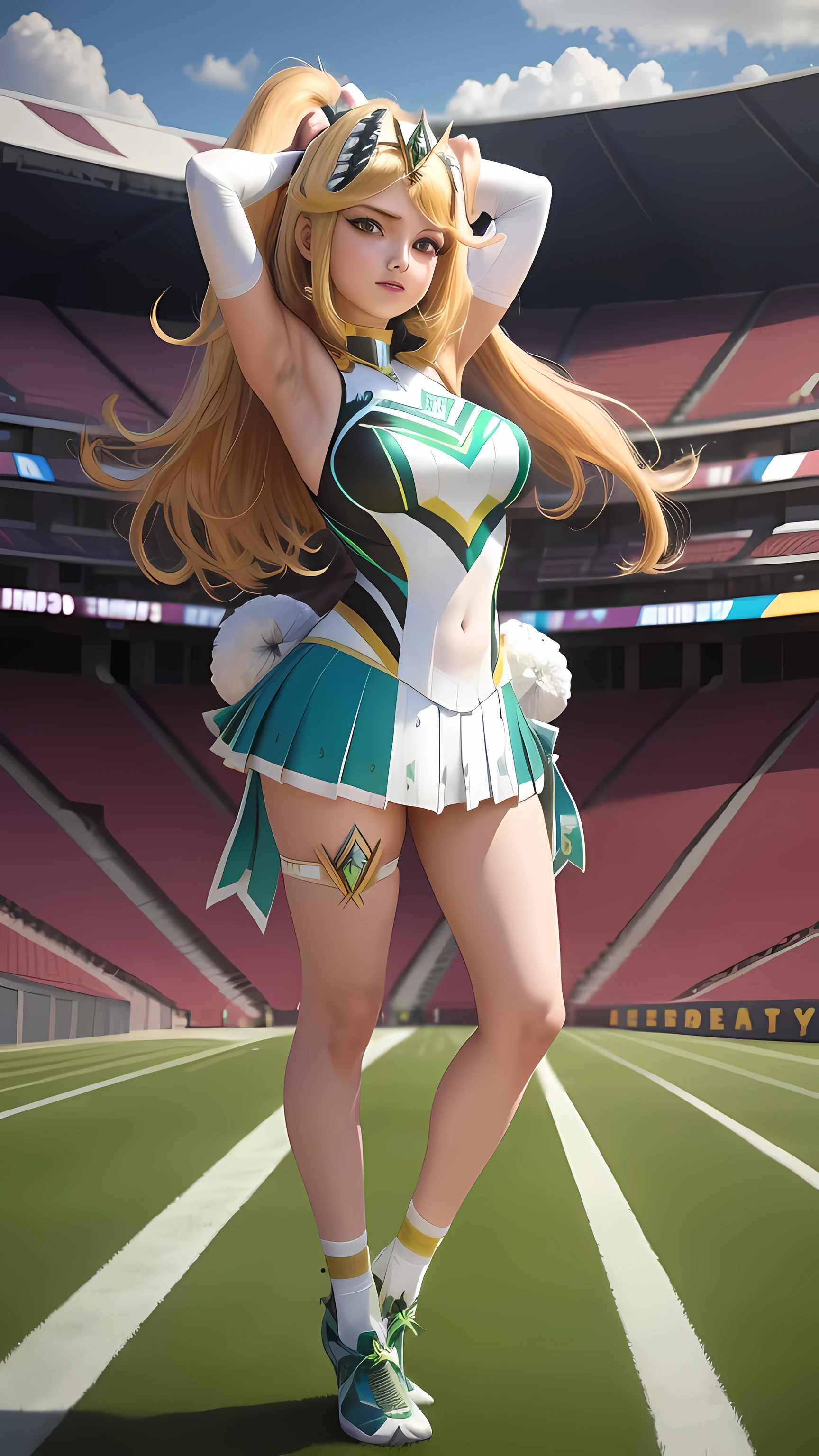 masterpiece, best quality, 1girl, solo, mythramm, tiara, cheerleader outfit, football stadium, pom-poms, full body