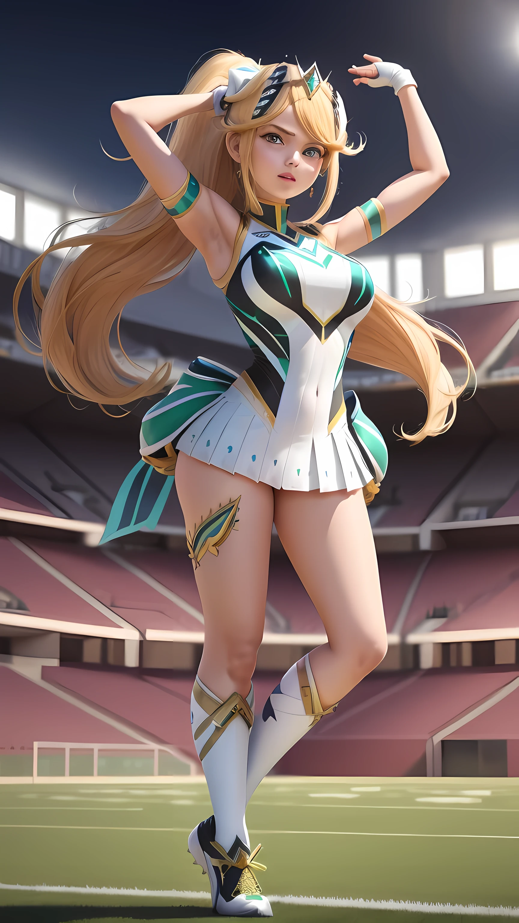 masterpiece, best quality, 1girl, solo, mythramm, tiara, cheerleader outfit, football stadium, pom-poms, full body