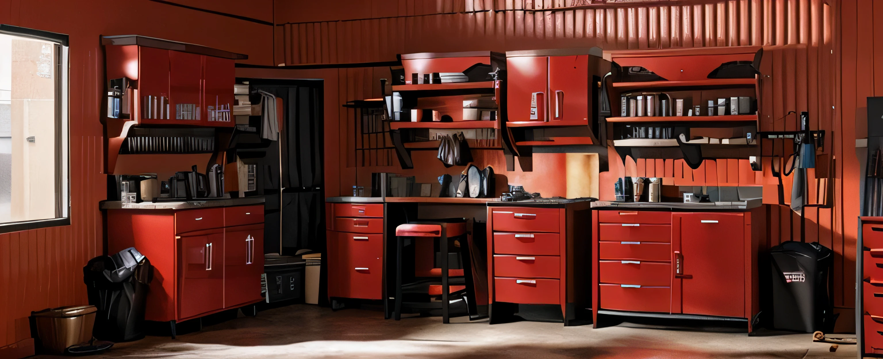 Tool shop, named GIVELA wearhouse inside interior, main company colors red and black, modern comercial look ad