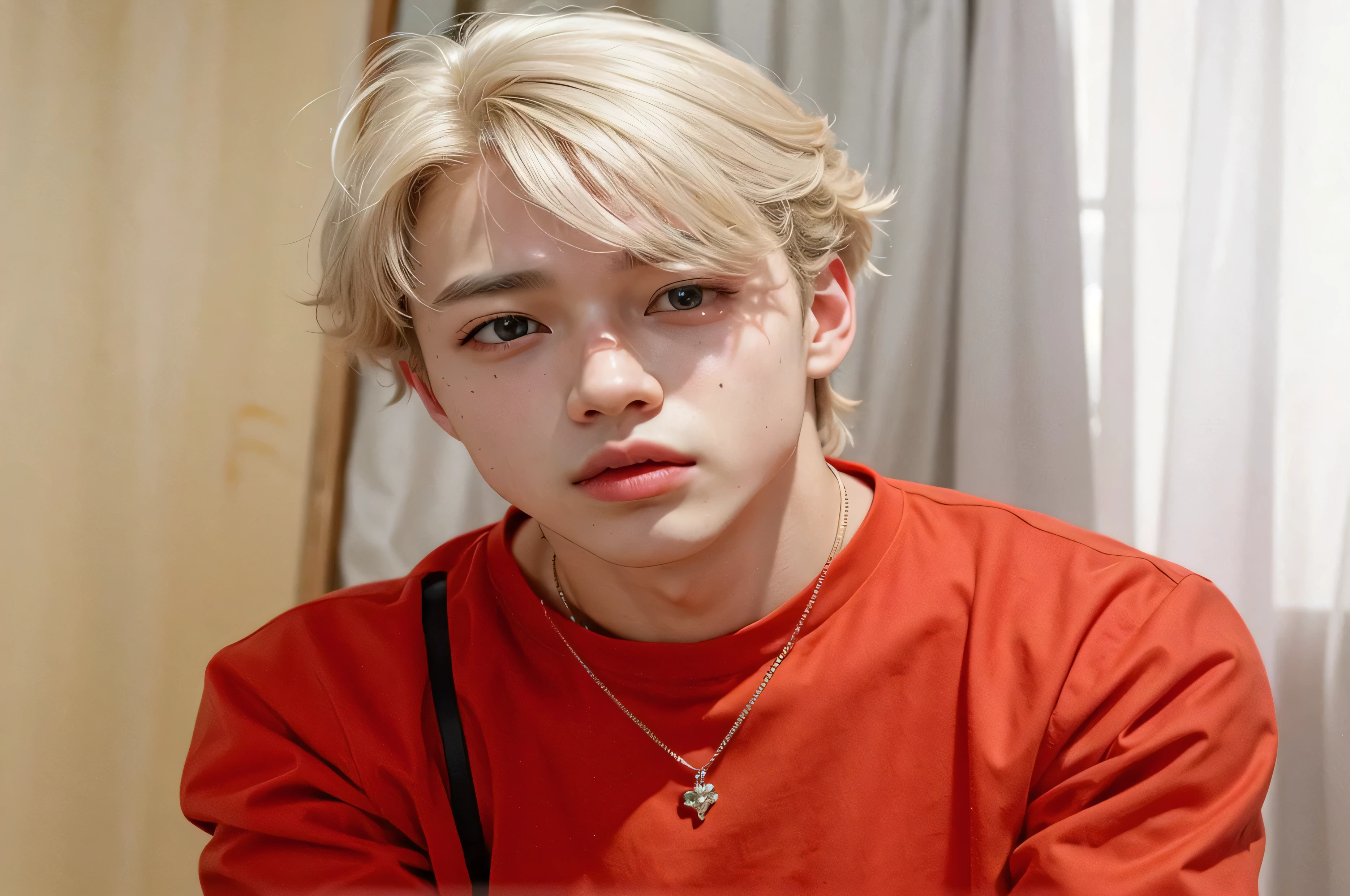 homem arafiado de camisa vermelha sentado com um colar, Parque Jimin, rosto preciso do Jimin, Jimin\the full lips, Jimin, Jimin\the right eyelid is swollen, Jimin\o nariz grego, Jung Jaehyun, Kim Doyoung, hyung tae, taejune kim, com cabelo curto, Jungkook, adorable and pale korean face, imagem vazada