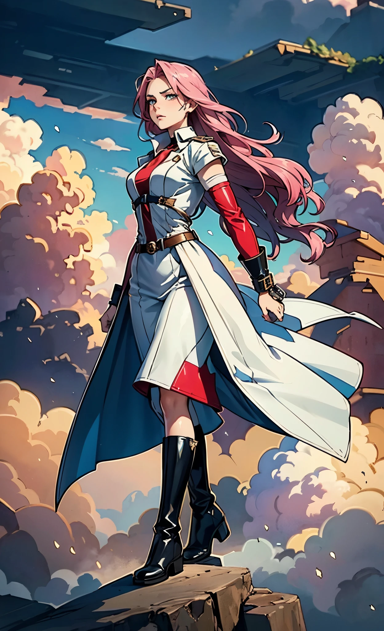 (A beautiful young girl with long curly pink hair, slender eyebrows, sparkling eyes, a bewildered expression, an oval-shapedl face with pale skin, a knee-length form-fitting leather trench coat with very short sleeves, she adorns both hands with metallic wrist guards in a sci-fi ancient civilization style, her long legs are clad in leather boots as she soars through the misty clouds), this character embodies a finely crafted fantasy-realism style western ranger in anime style, exquisite and mature manga art style, porcelain skin, perfect skin, perfect eyes, high definition, best quality, highres, ultra-detailed, ultra-fine painting, extremely delicate, professional, anatomically correct, symmetrical face, extremely detailed eyes and face, high quality eyes, creativity, RAW photo, UHD, 32k, Natural light, cinematic lighting, masterpiece-anatomy-perfect, masterpiece:1.5