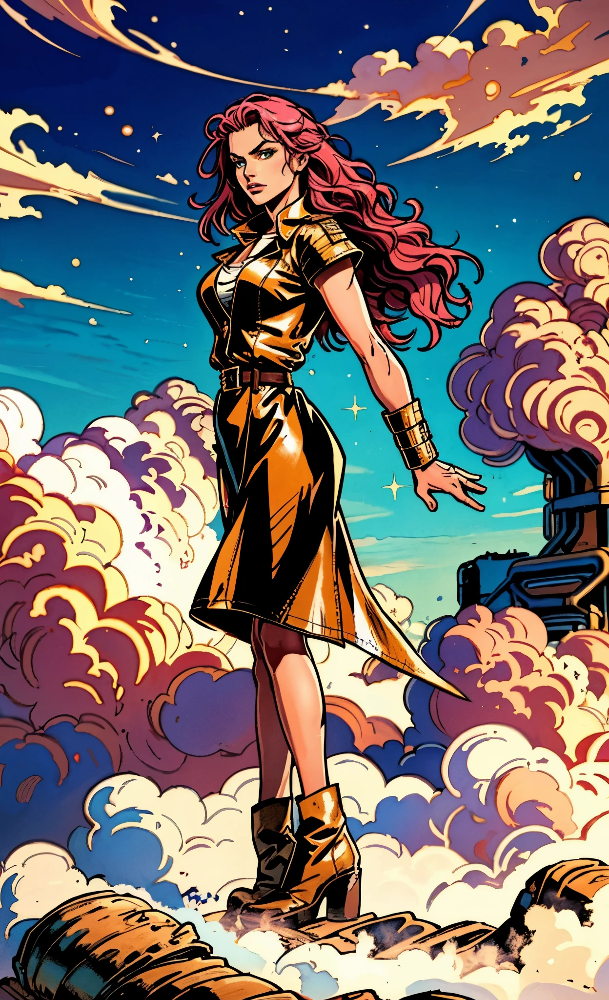 (A beautiful young girl with long curly pink hair, slender eyebrows, sparkling eyes, a bewildered expression, an oval-shapedl face with pale skin, a knee-length form-fitting leather trench coat with very short sleeves, she adorns both hands with metallic wrist guards in a sci-fi ancient civilization style, her long legs are clad in leather boots as she soars through the misty clouds), this character embodies a finely crafted fantasy-realism style western ranger in anime style, exquisite and mature manga art style, porcelain skin, perfect skin, perfect eyes, high definition, best quality, highres, ultra-detailed, ultra-fine painting, extremely delicate, professional, anatomically correct, symmetrical face, extremely detailed eyes and face, high quality eyes, creativity, RAW photo, UHD, 32k, Natural light, cinematic lighting, masterpiece-anatomy-perfect, masterpiece:1.5